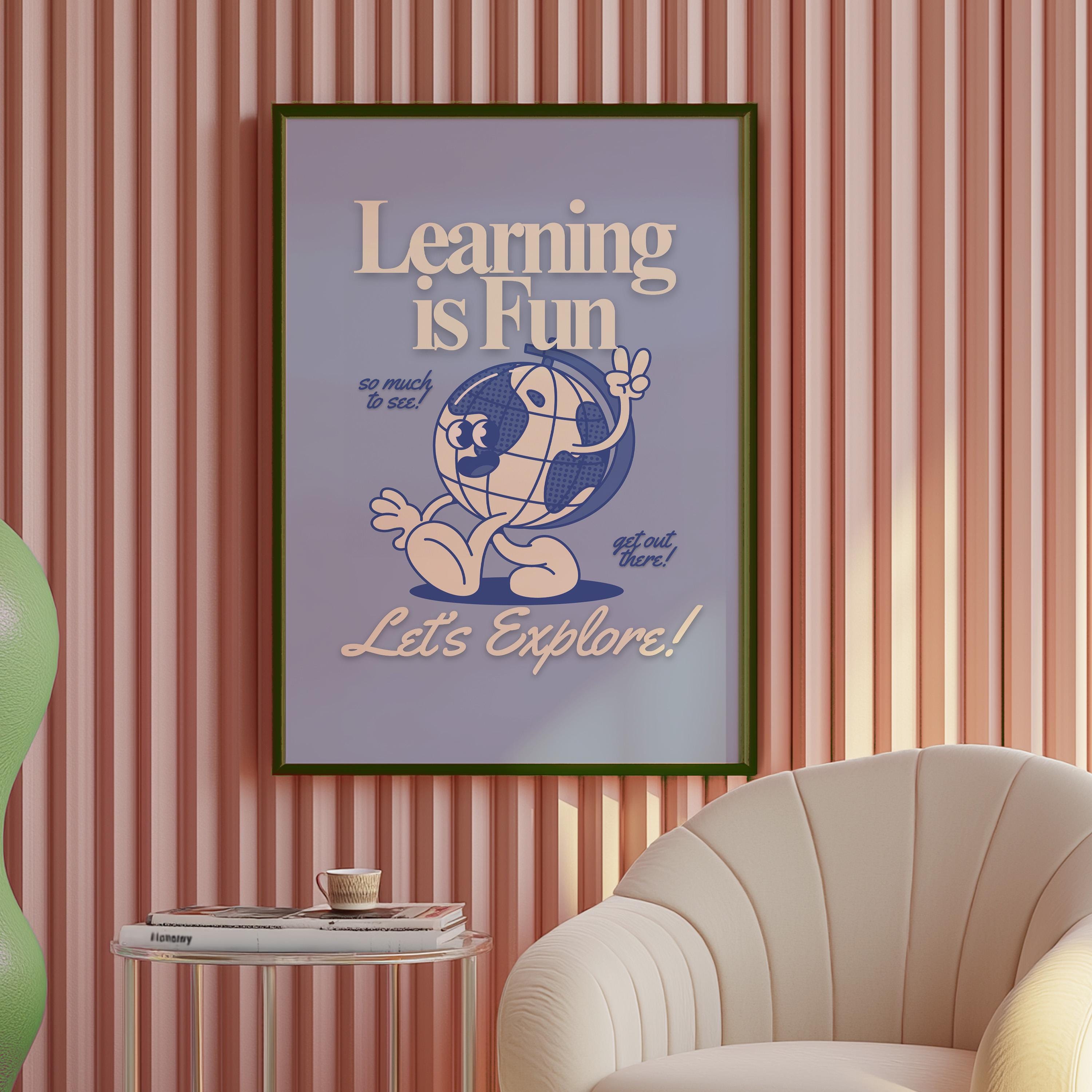 Go Explore Art, Classroom Art, Cute Retro Print, Globe Cartoon, Retro Mascot Print, Funky Groovy Minimal Blue Classroom Retro Poster