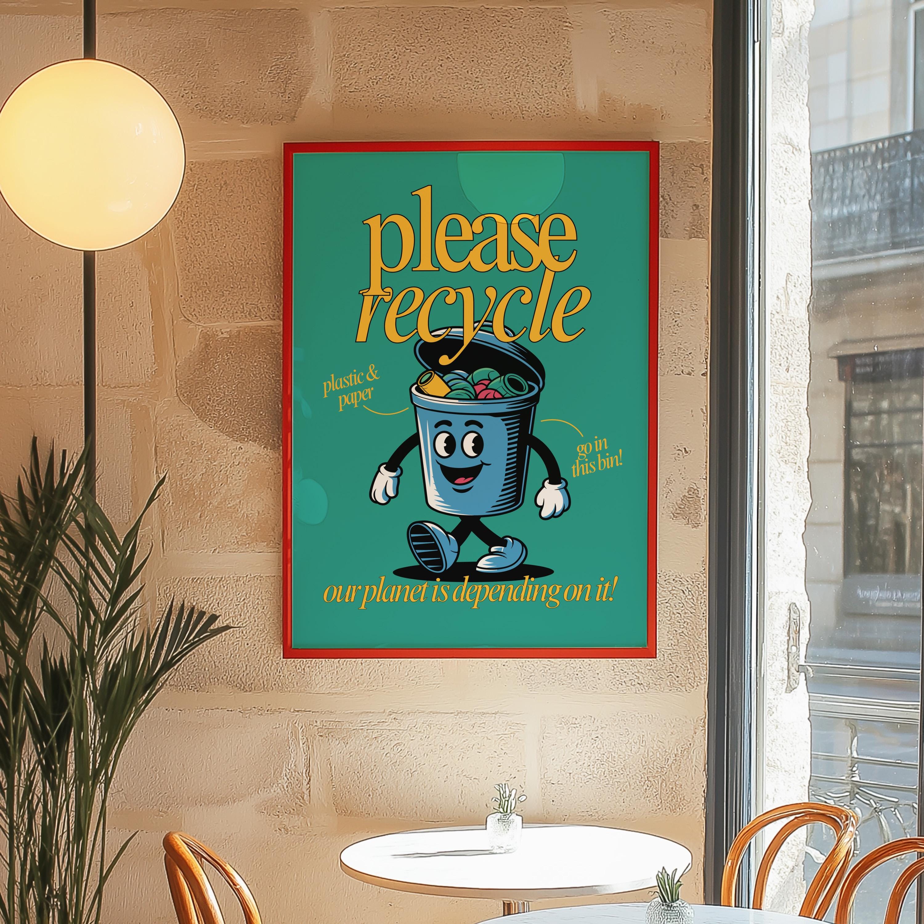 Recycle Art, Downloadable Print, Cartoon Art Print, Retro Character Art, Trendy Posters, Vintage Mascot Art, Cute Classroom Art Print