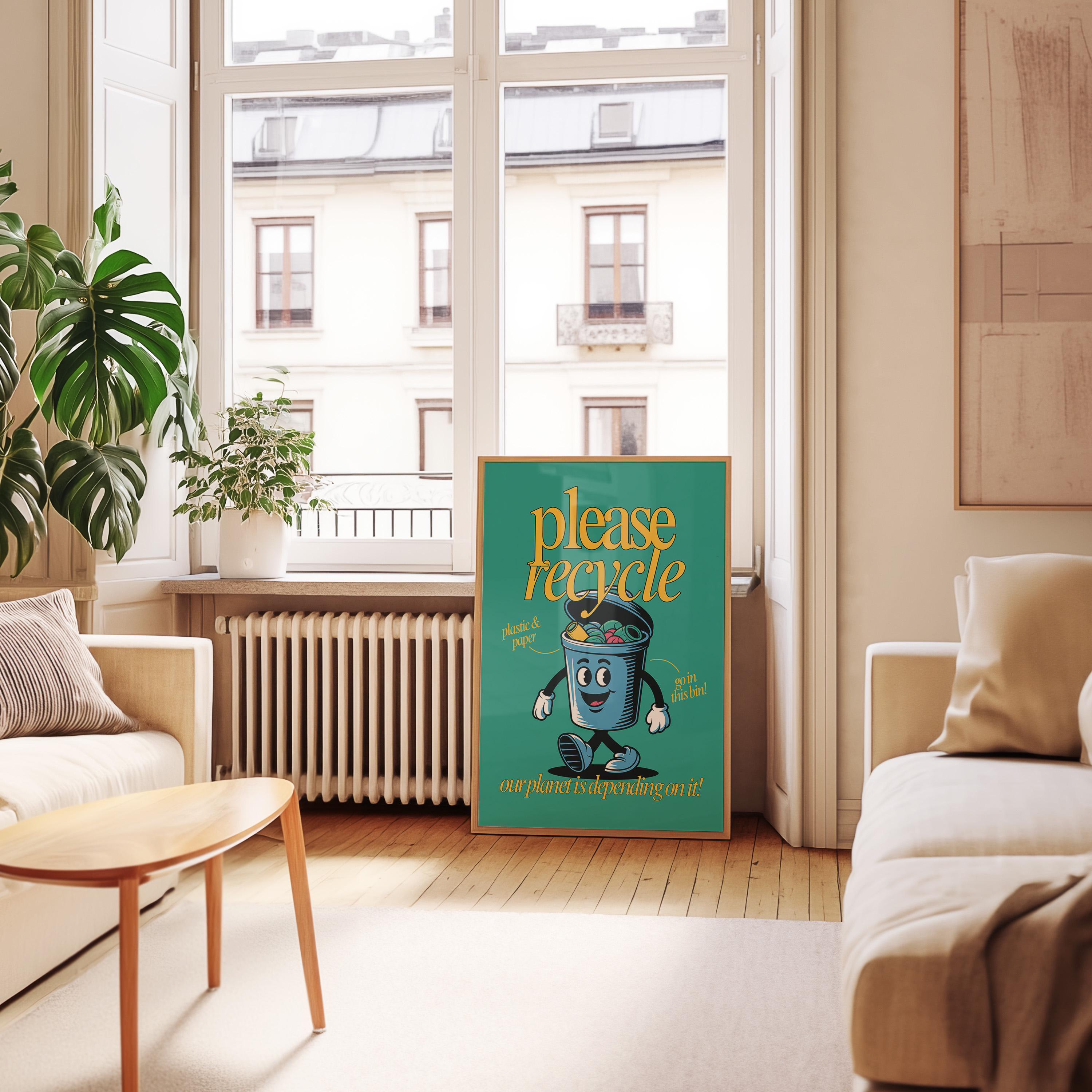 Recycle Art, Downloadable Print, Cartoon Art Print, Retro Character Art, Trendy Posters, Vintage Mascot Art, Cute Classroom Art Print