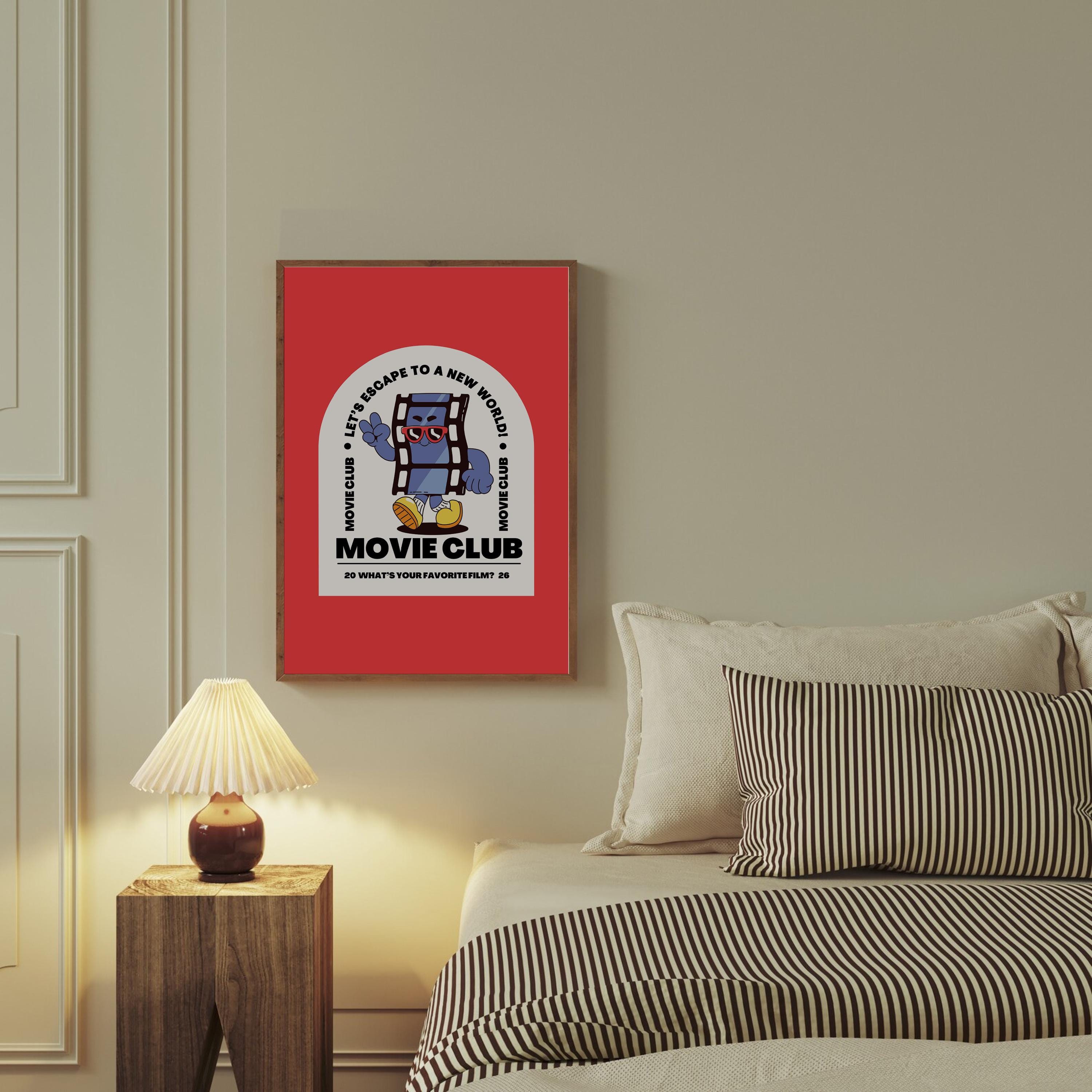 Movie Club Art Print, Cute Retro Print, Gift for Movie Lovers, Vintage Mascot Print, Movie Night Poster, Positive Art, Living Room Art