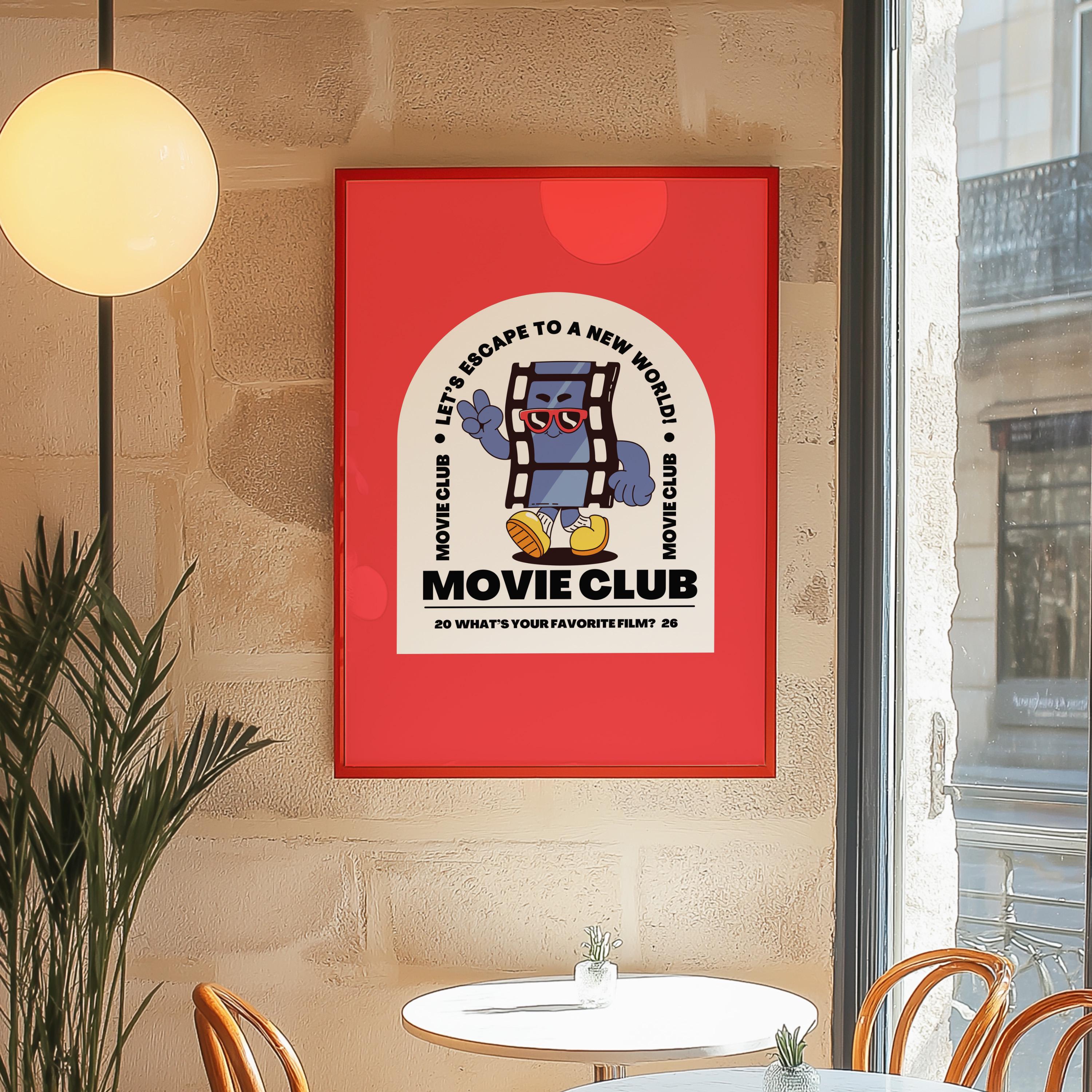 Movie Club Art Print, Cute Retro Print, Gift for Movie Lovers, Vintage Mascot Print, Movie Night Poster, Positive Art, Living Room Art