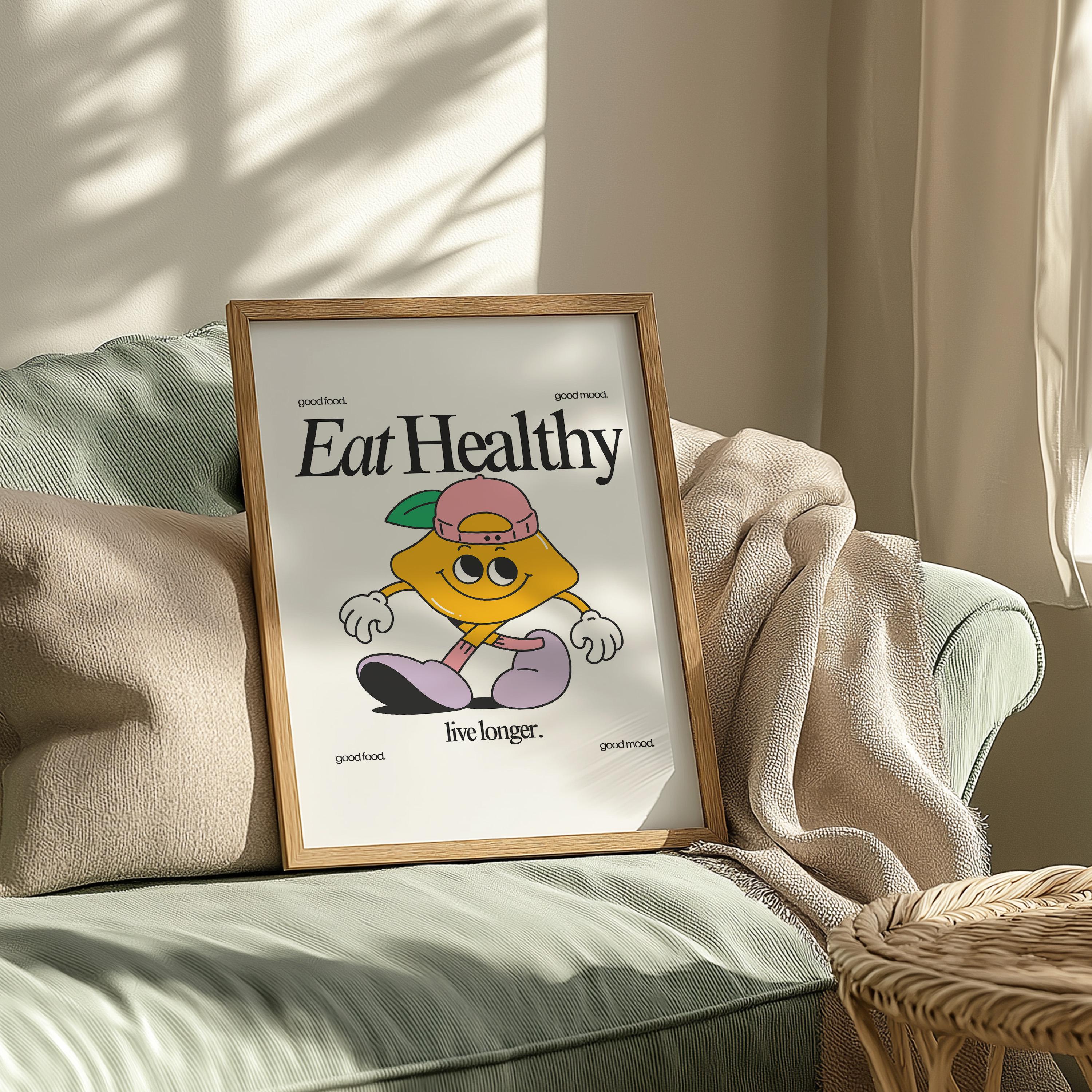 Cute Retro Print Classroom Art - Funky Groovy Crayon Cartoon Poster for Kids - Fun Minimal Retro Decor for Playroom & Classroom, Eat Healthy