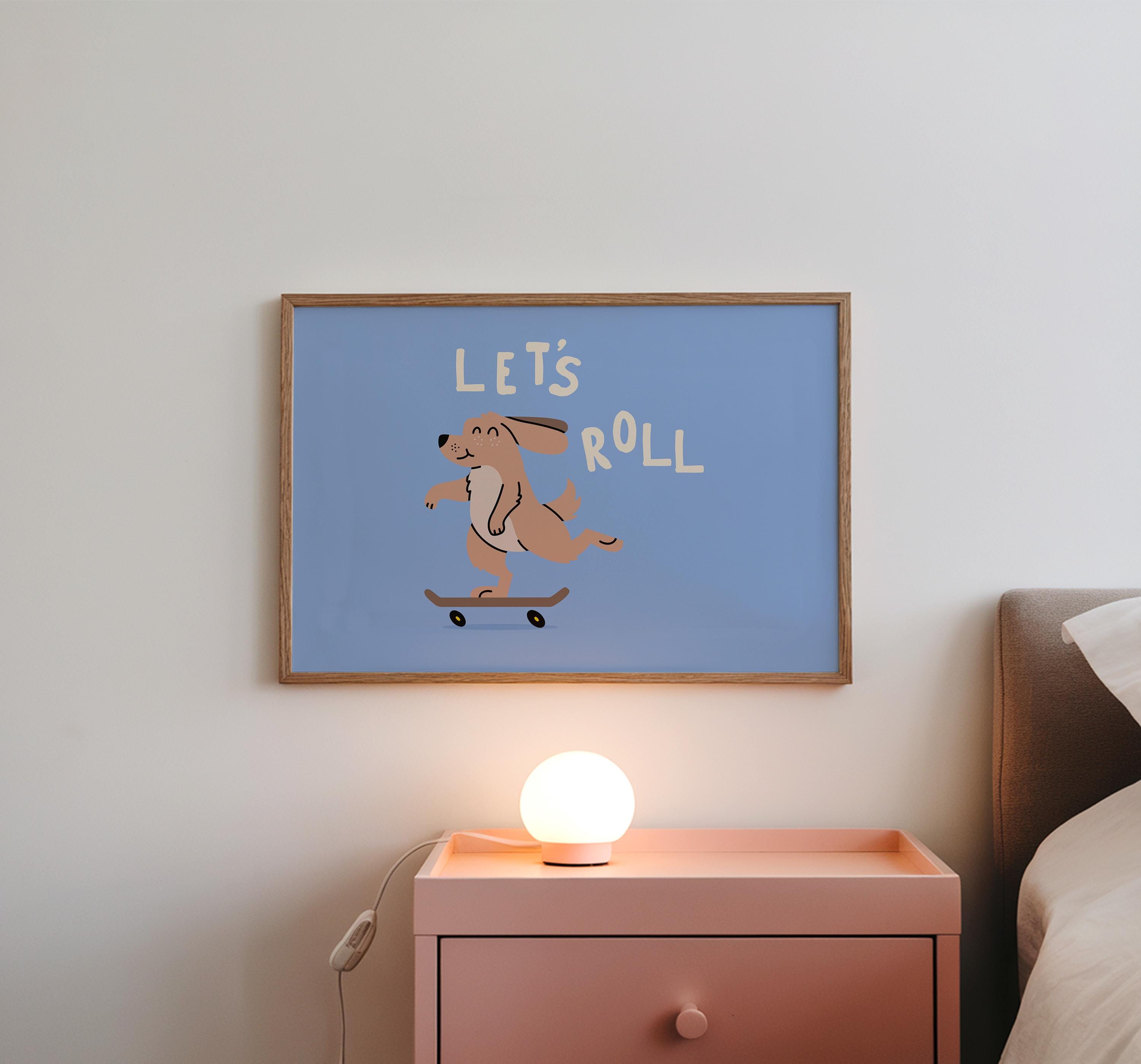 Funny Dog Art, Digital Download, Skateboarding Art Print, Art For Kids Room, Cute Dog Poster, Blue Dog Art Print