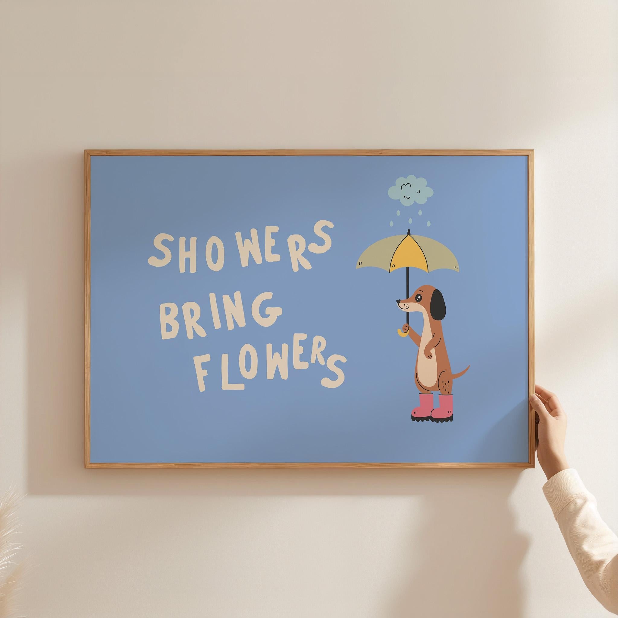 Showers Bring Flowers, Digital Download, Positivity Art Print, Art For Kids Room, Cute Dog Poster, Blue Dog Art Print, Classroom Decor