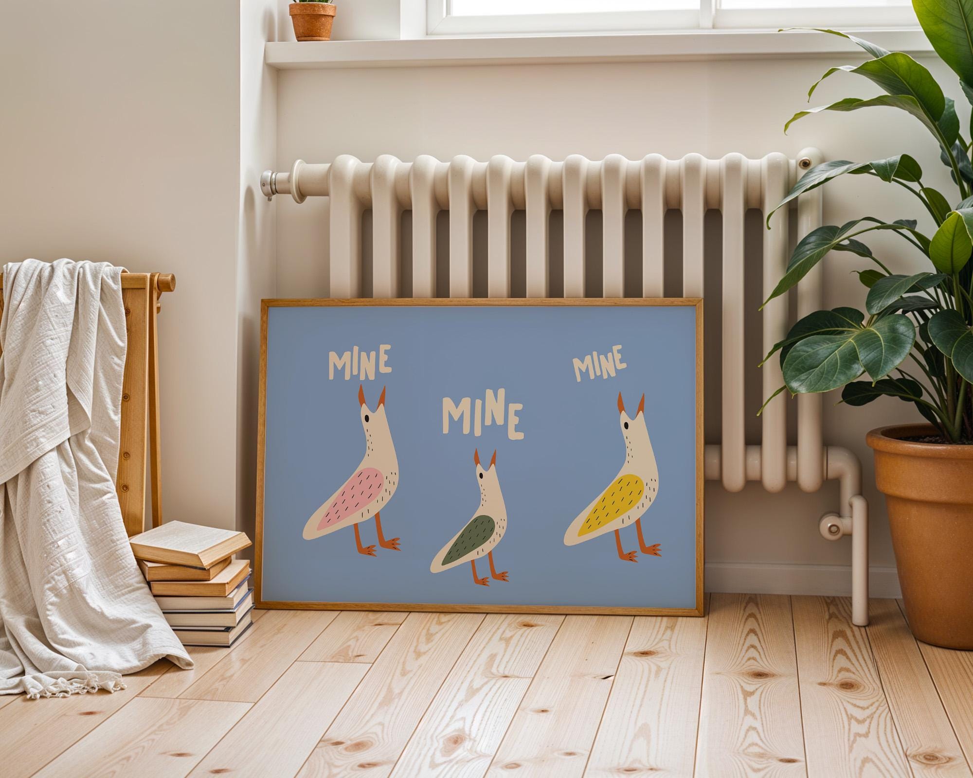 Funny Seagull Print, Cute Beach Poster, Ocean Wall Art, Trendy Coastal Decor, Cute Beach House Decor Digital Download, Blue Beach Art