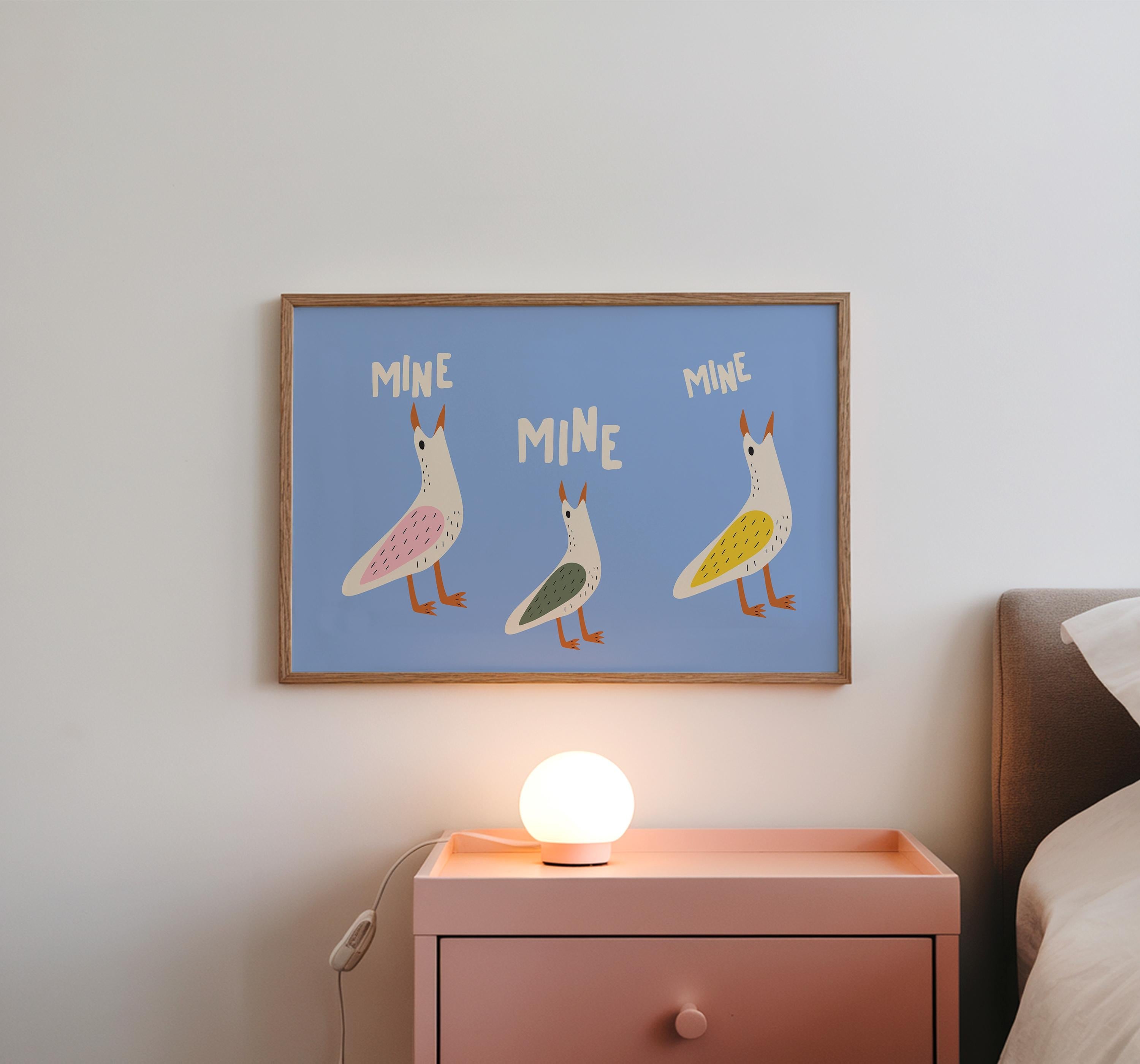 Funny Seagull Print, Cute Beach Poster, Ocean Wall Art, Trendy Coastal Decor, Cute Beach House Decor Digital Download, Blue Beach Art