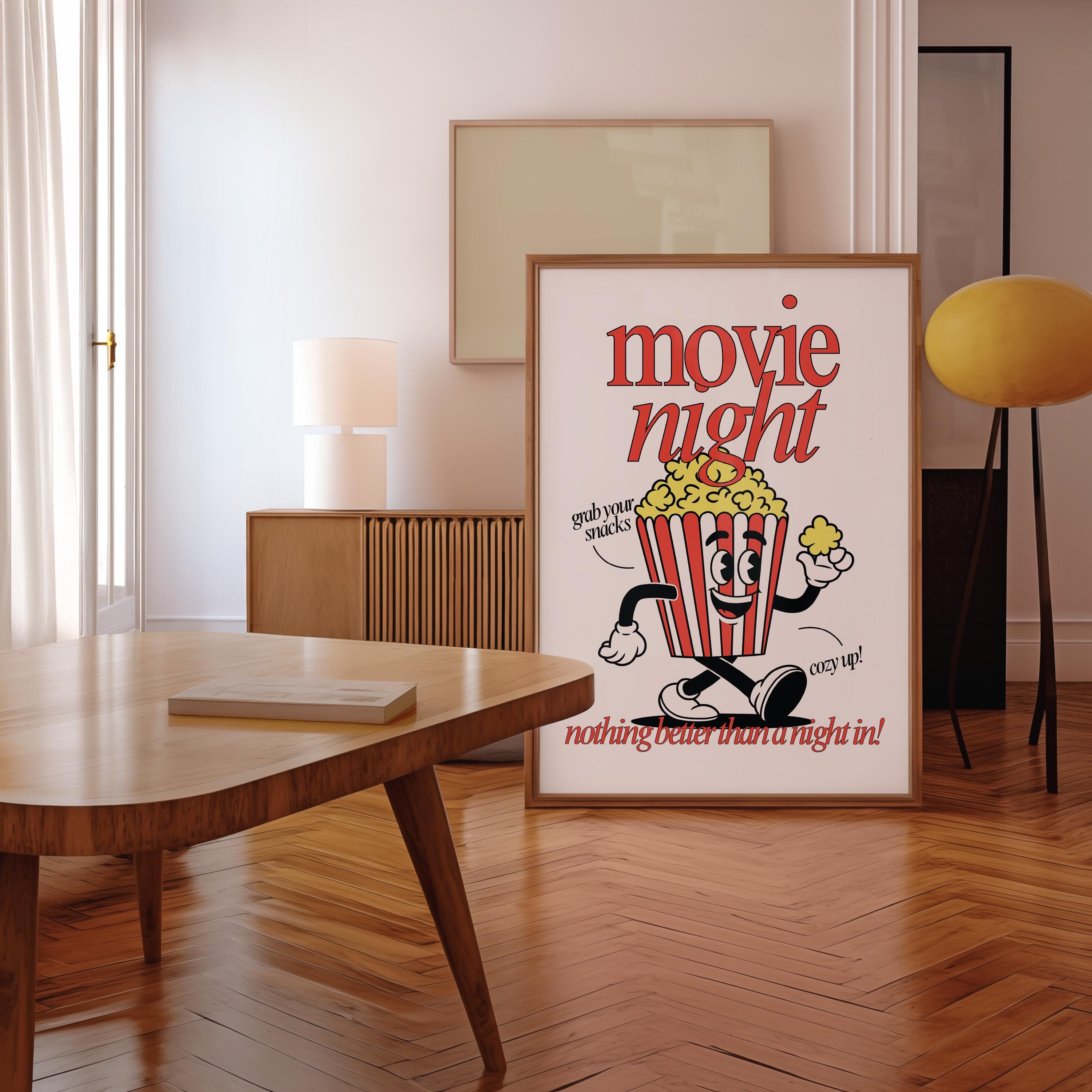 Retro Popcorn Art Print, Cute Retro Print, Gift for Movie Lovers, Vintage Mascot Print, Movie Night Poster, Positive Art, Living Room Art