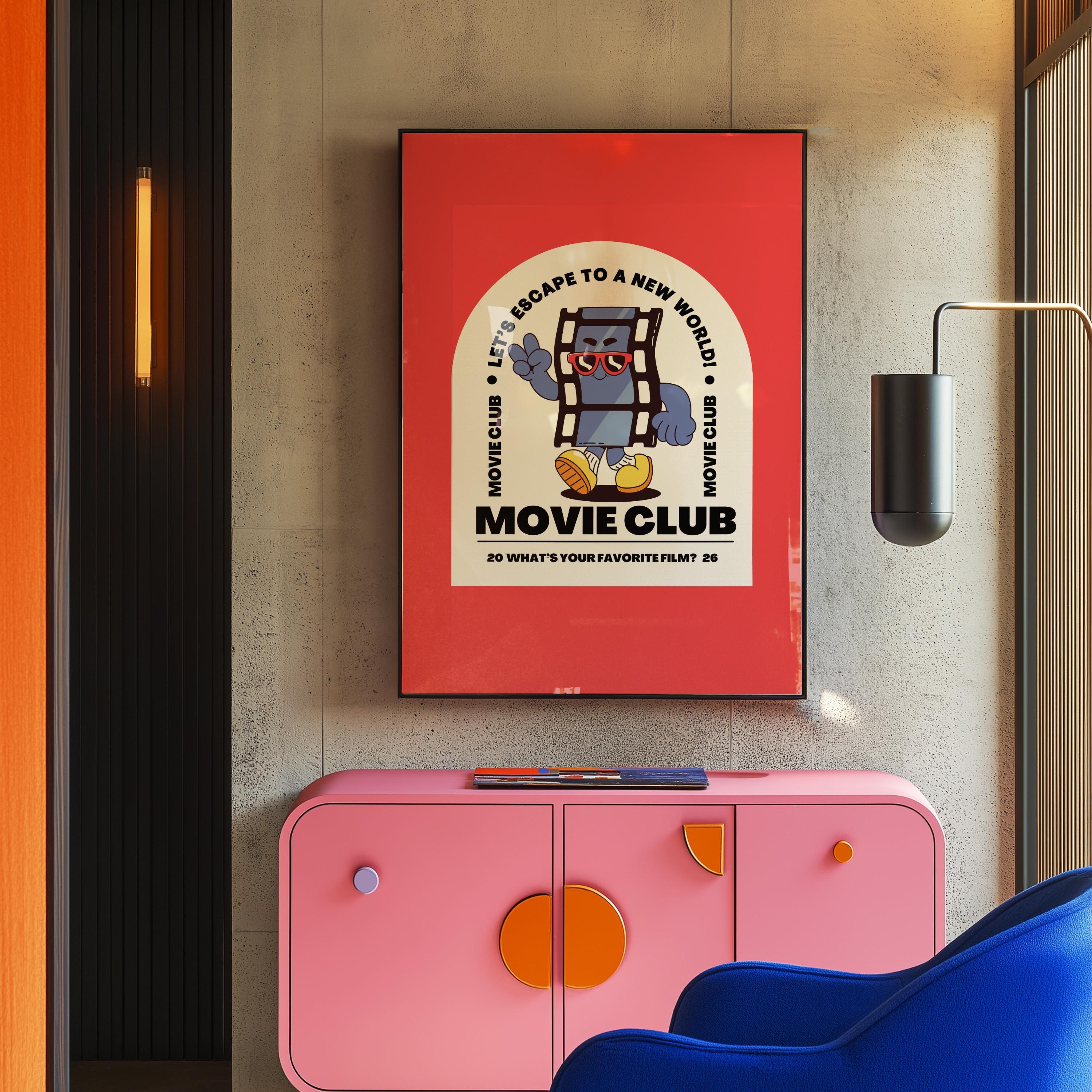 Movie Club Art Print, Cute Retro Print, Gift for Movie Lovers, Vintage Mascot Print, Movie Night Poster, Positive Art, Living Room Art