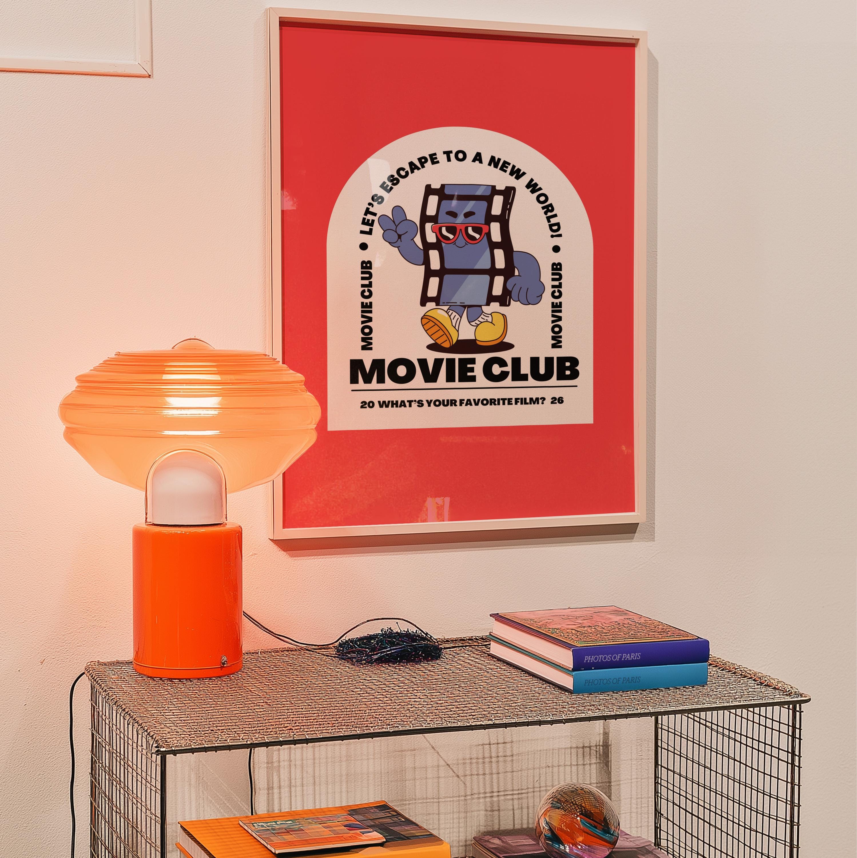 Movie Club Art Print, Cute Retro Print, Gift for Movie Lovers, Vintage Mascot Print, Movie Night Poster, Positive Art, Living Room Art
