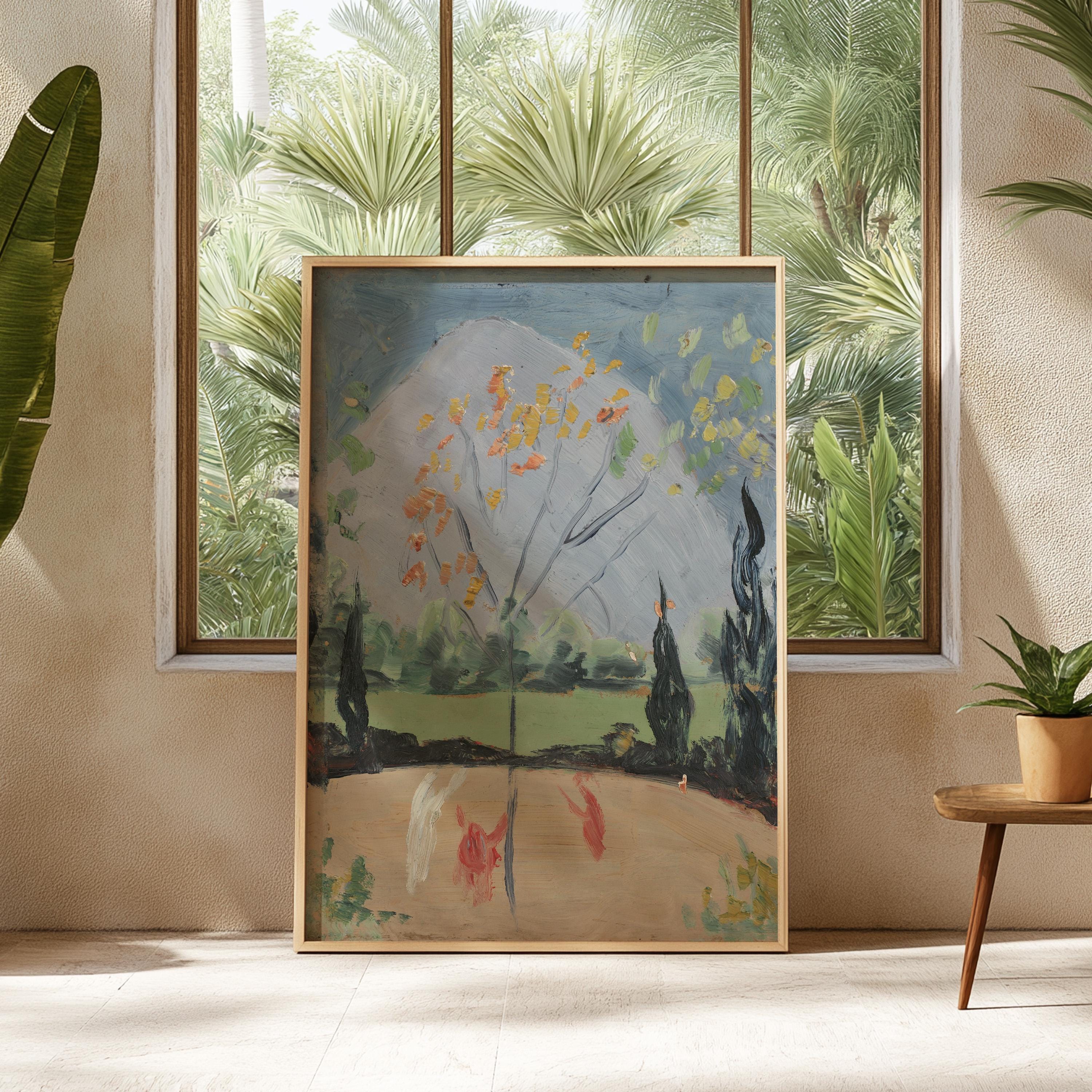 Nature Landscape Painting, Vintage Country Landscape Print, Yellow Floral Painting, Farmhouse Decor, Fruit Tree Painting, Printable Art