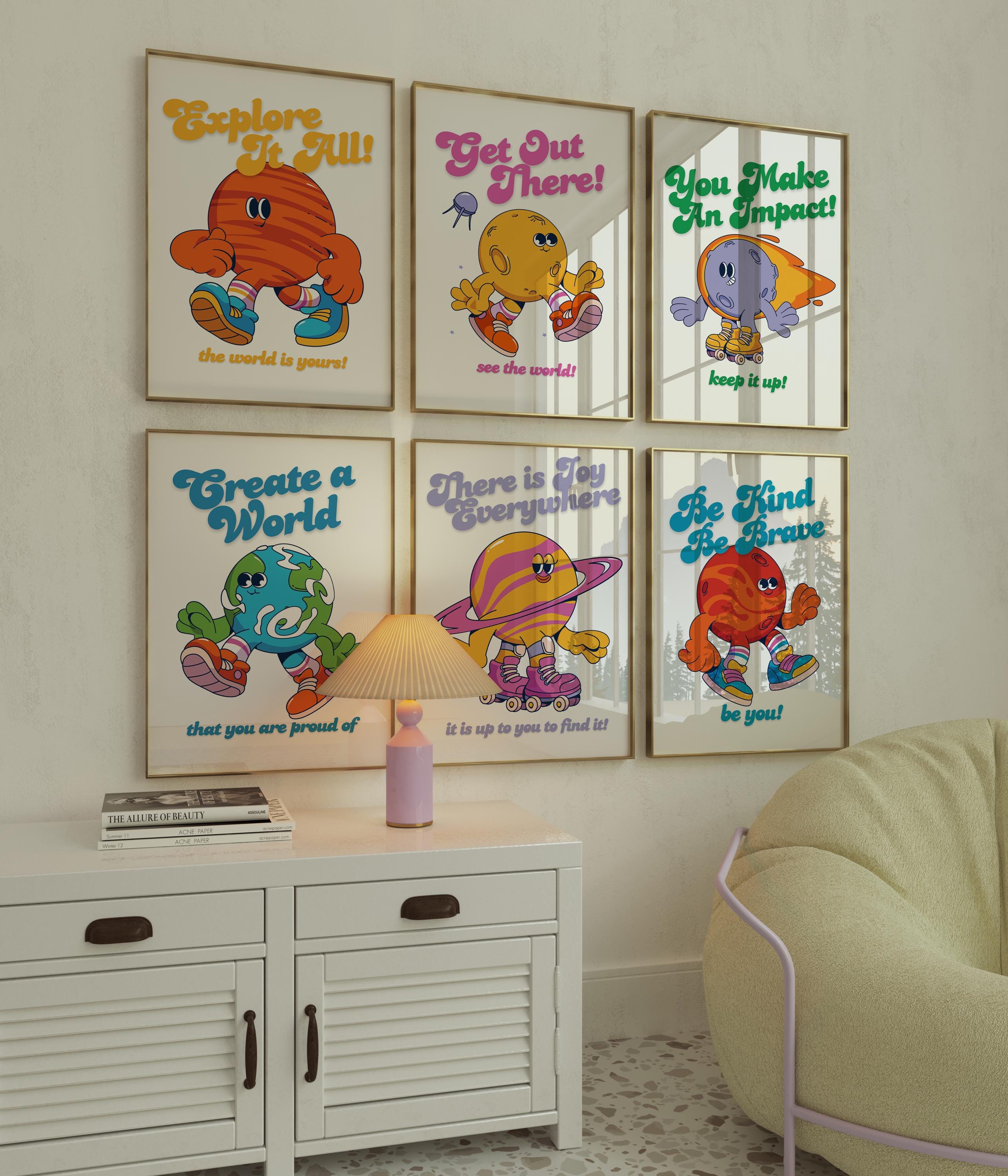 Bundle of 6 Kids Prints, Kids Room Wall Art Collection,  Classroom Decor, Playful Space Prints, Eclectic Classroom Wall Art, Outer space Art