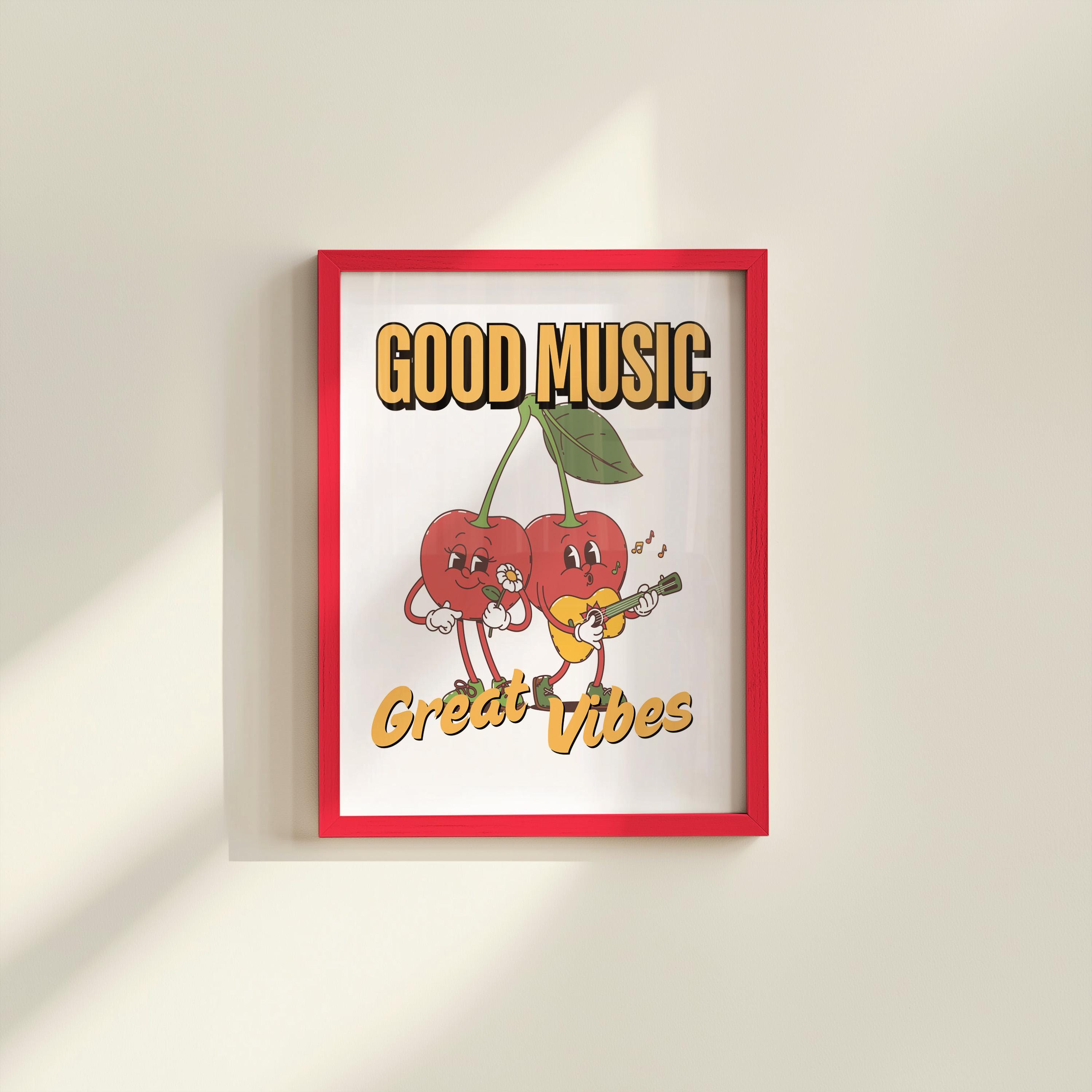 Music Art, Classroom Art, Cute Retro Print, Cherry Cartoon, Retro Mascot Print, Funky Groovy Minimal Retro Poster, gs print shoppe
