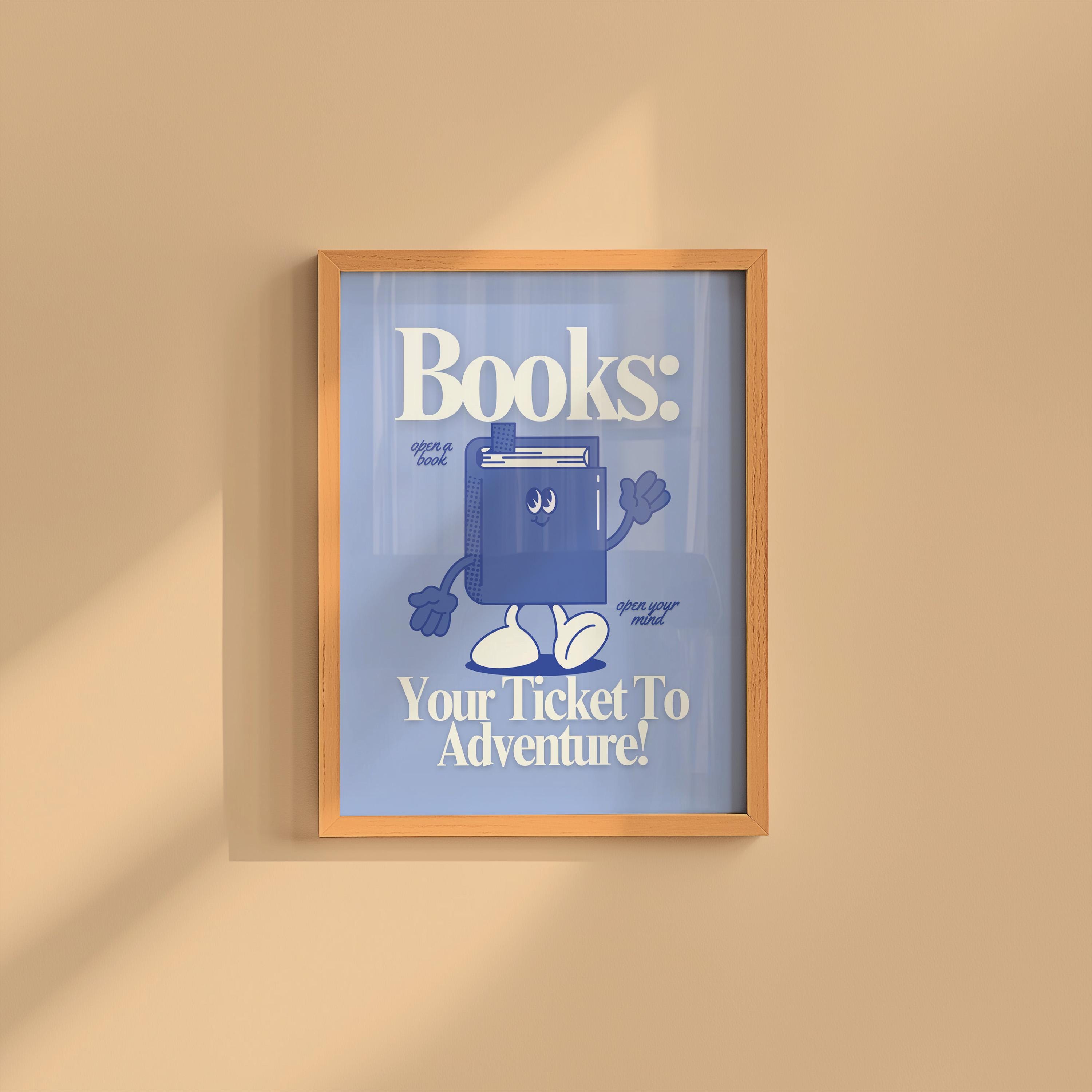 Reading art print, Classroom Art, Cute Retro Print, Book Cartoon, Retro Mascot Print, Funky Groovy Minimal Blue Classroom Retro Poster