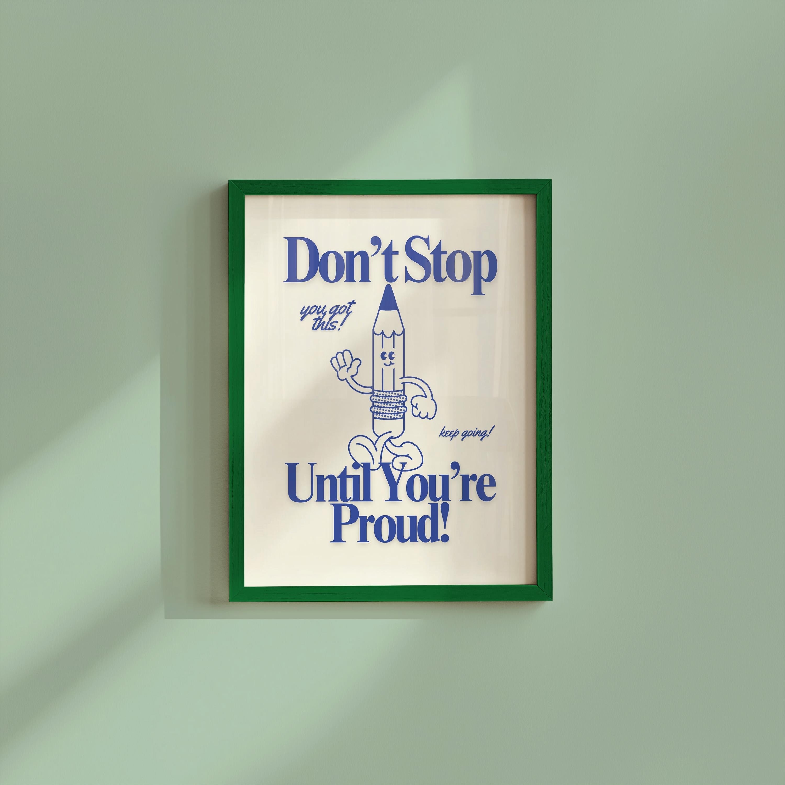 Keep Going Art: Cute Retro Print Classroom Poster, Funky Pencil Cartoon, Groovy Blue Decor, Retro Mascot Wall Art
