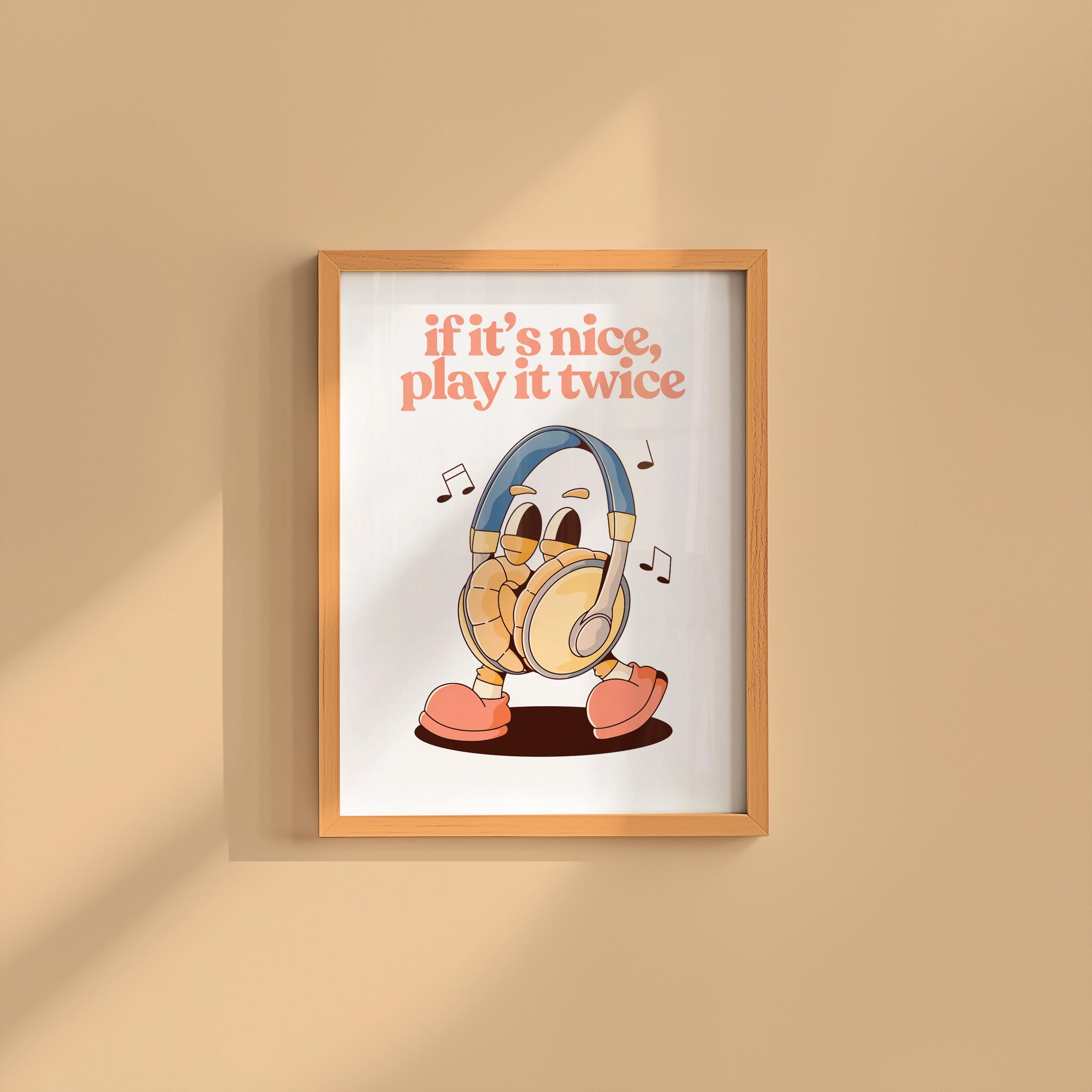 Music Lover Art Print, Retro Cartoon Wall Decor, Retro Art print, Cartoon Posters, Wall Art, Apartment Art Print, If It's Nice Play it Twice