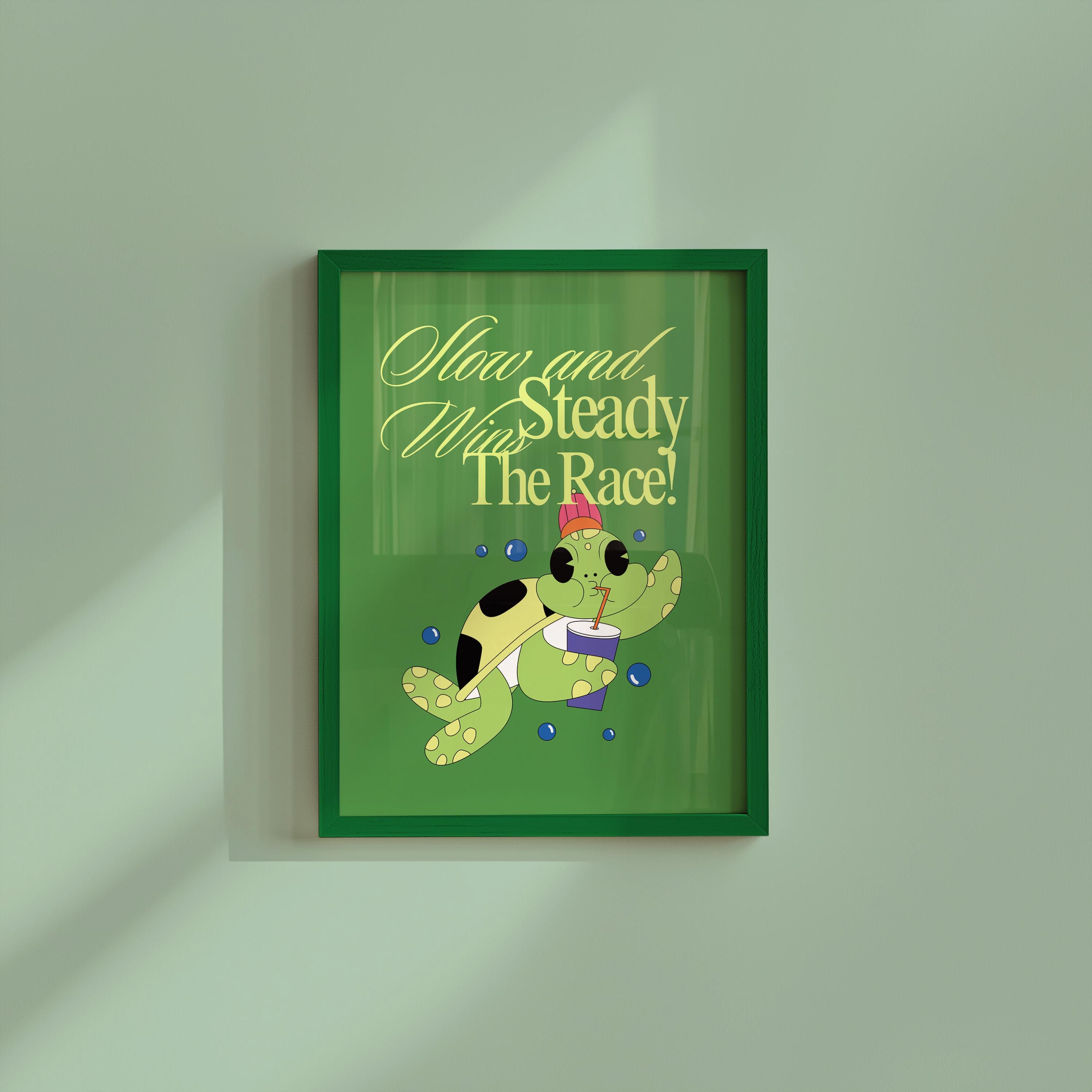 Slow and Steady, Digital Prints, Retro Art Decor, Cute Cartoon Art, Turtle Cartoon Art, Retro Cartoon Art, Cute Animal Art, Turtle Posters