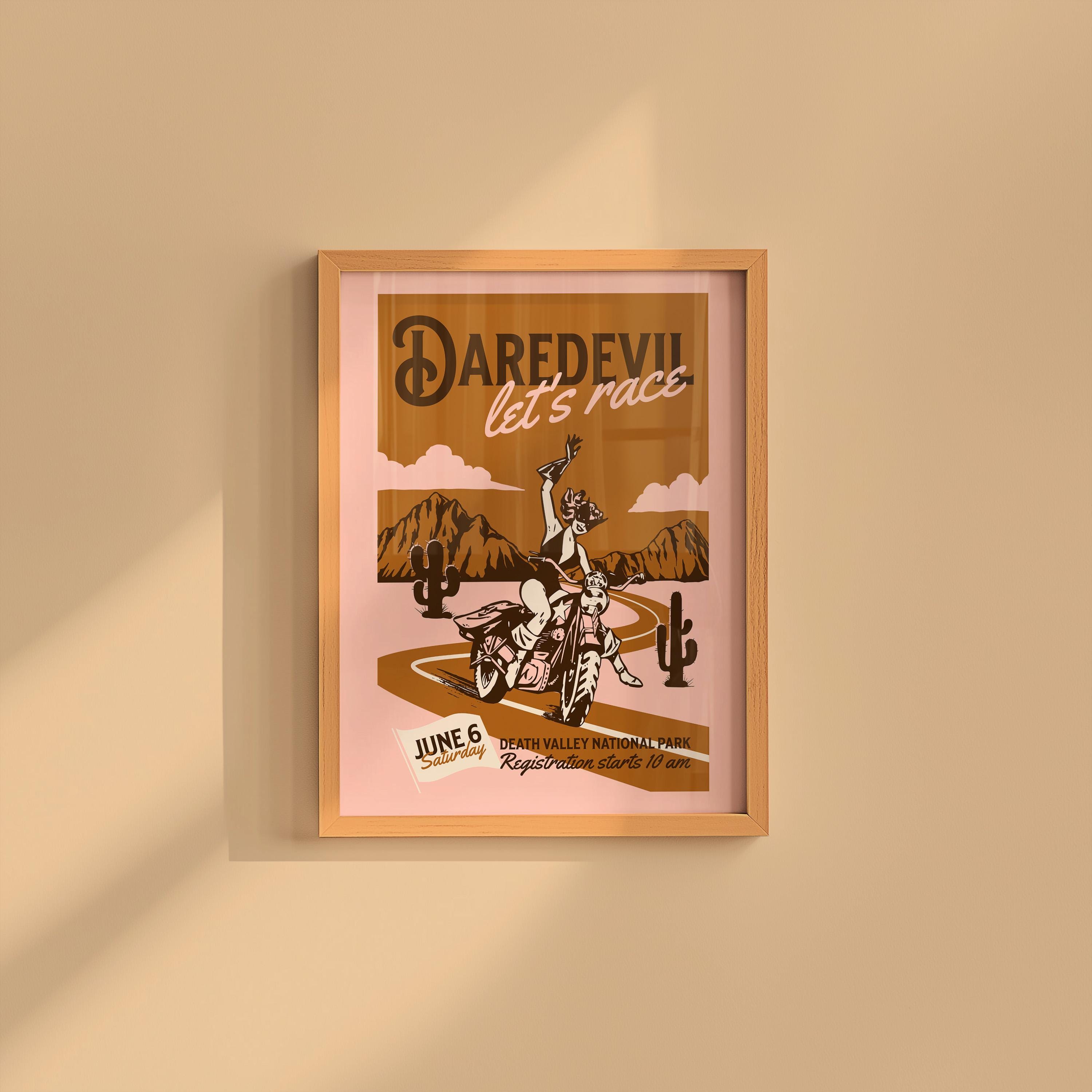 Daredevil Art,Large Wall Art,Pink Wall Print,Retro Cartoon Art,Living Room Decor,Funny Wall Art,Motorcycle Art, Gs Print Shoppe