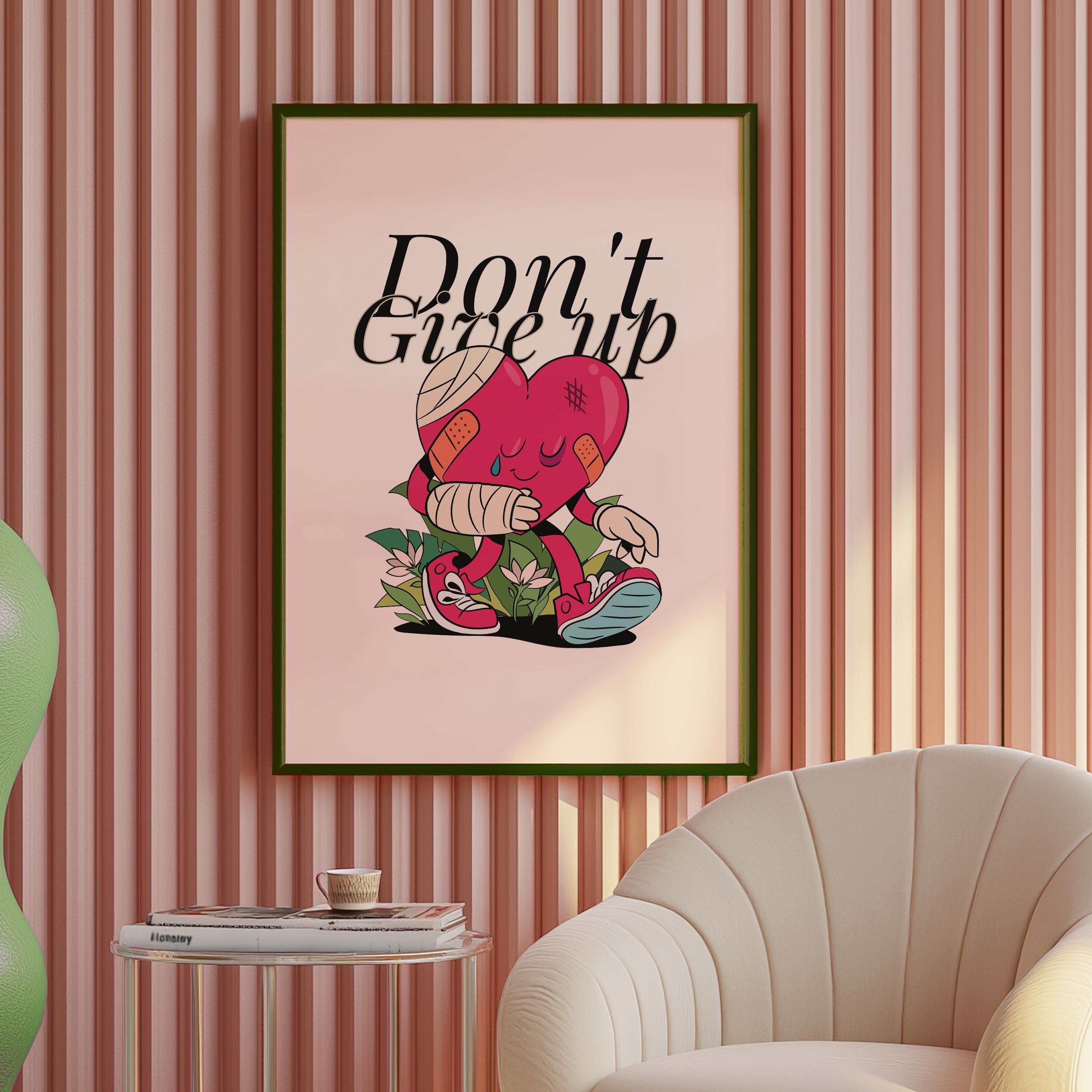Heart Cartoon, Don't Give Up Art Print, Cute Retro Print, Retro Mascot Print, Groovy Minimal Retro Poster, Heart Posters