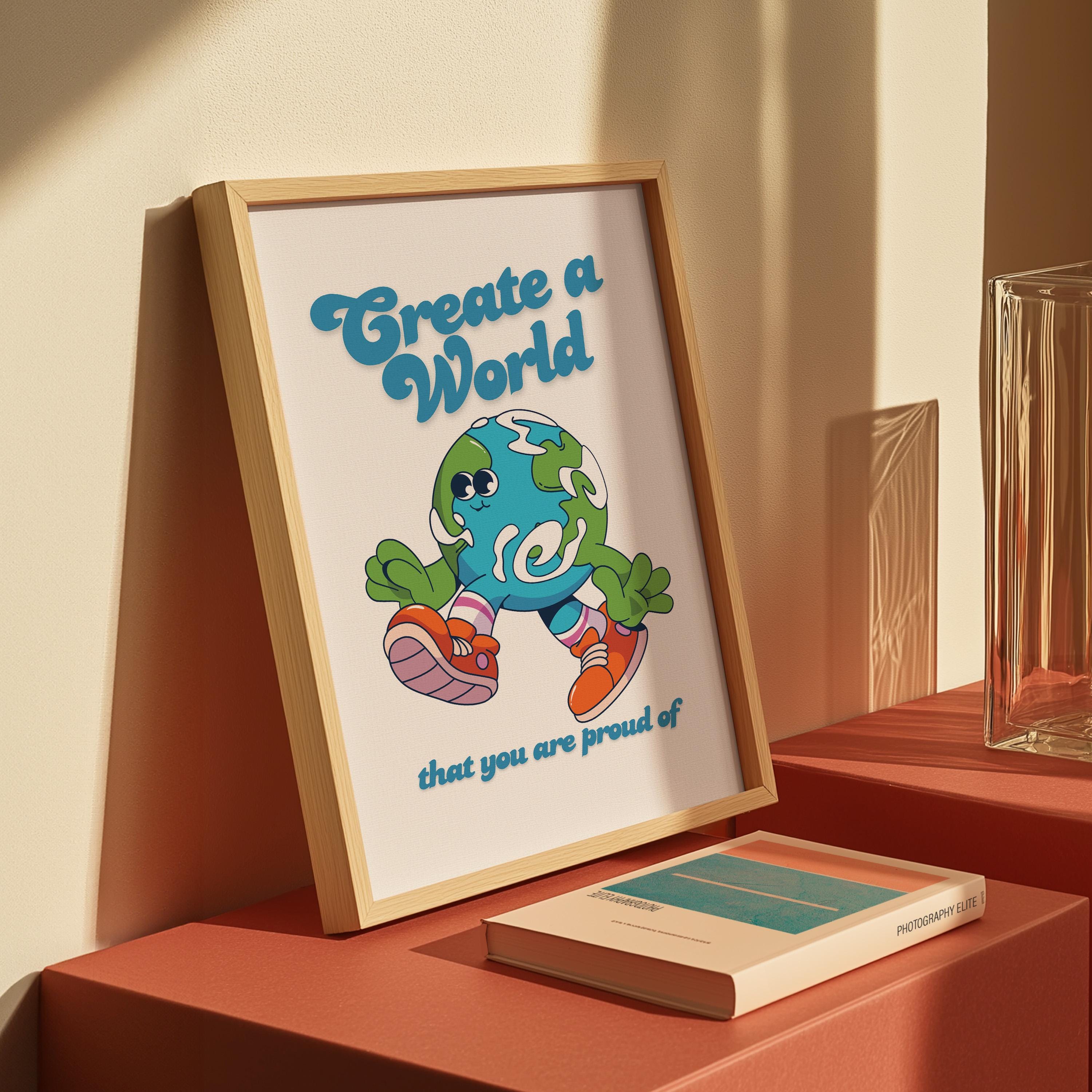 Classroom Art Print, Kids Room Cartoon Artwork, Downloadable Earth Mascot Poster, Trendy Vintage & Positive Wall Decor