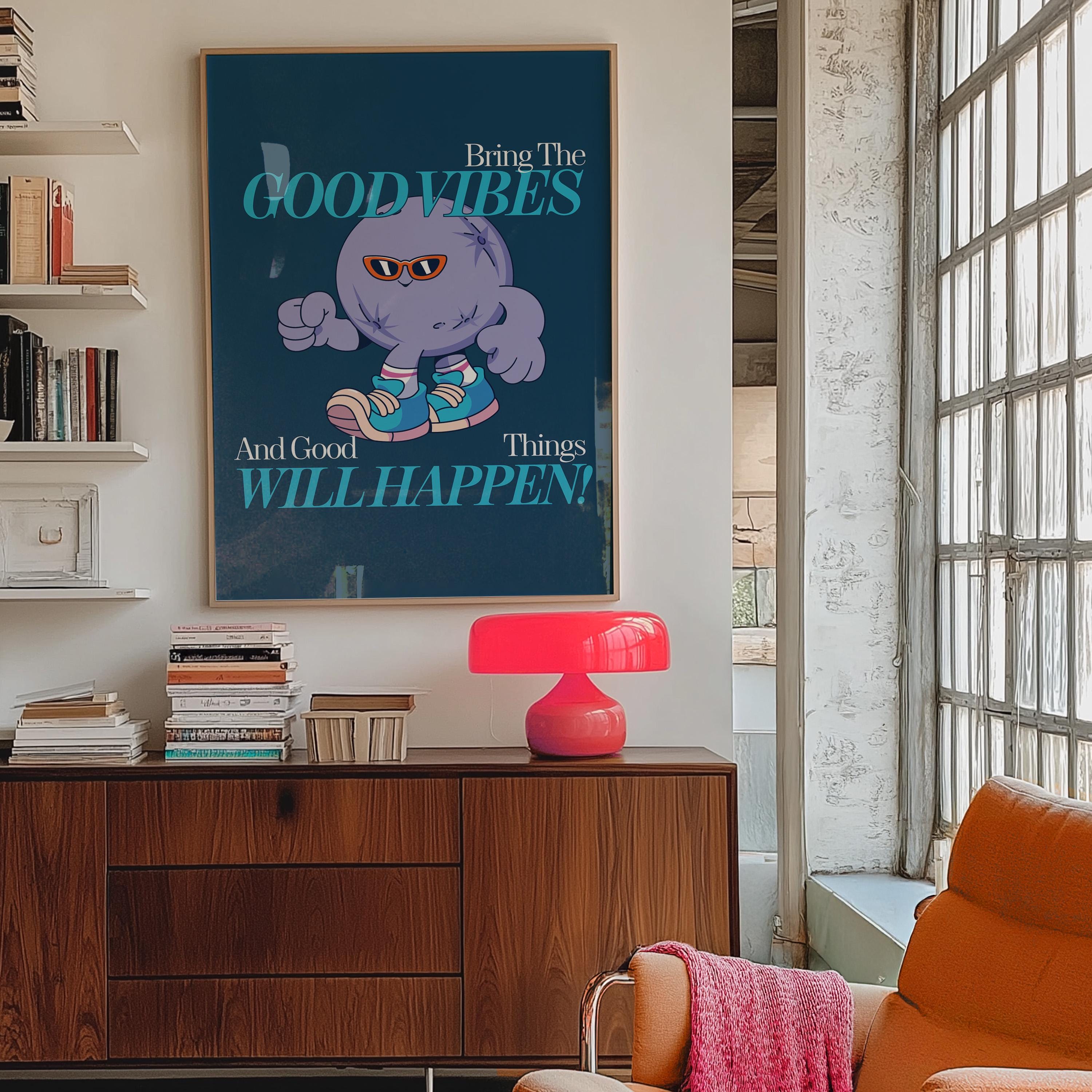 Good Vibes, Retro Cartoon Planet Art Print | Vintage Classroom Decor | Cute Kids Mascot Poster | Groovy Funky Minimalist Wall Art