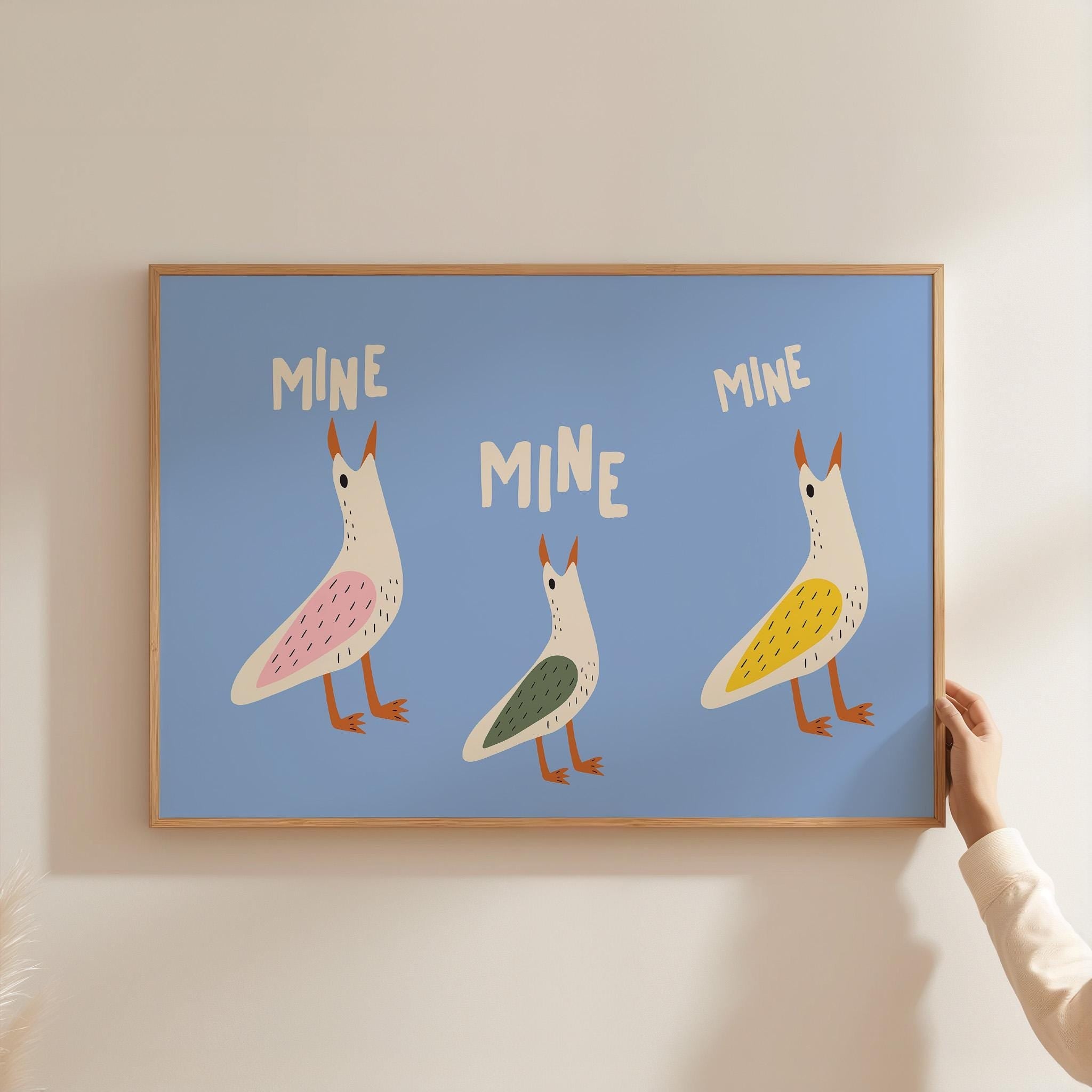 Funny Seagull Print, Cute Beach Poster, Ocean Wall Art, Trendy Coastal Decor, Cute Beach House Decor Digital Download, Blue Beach Art