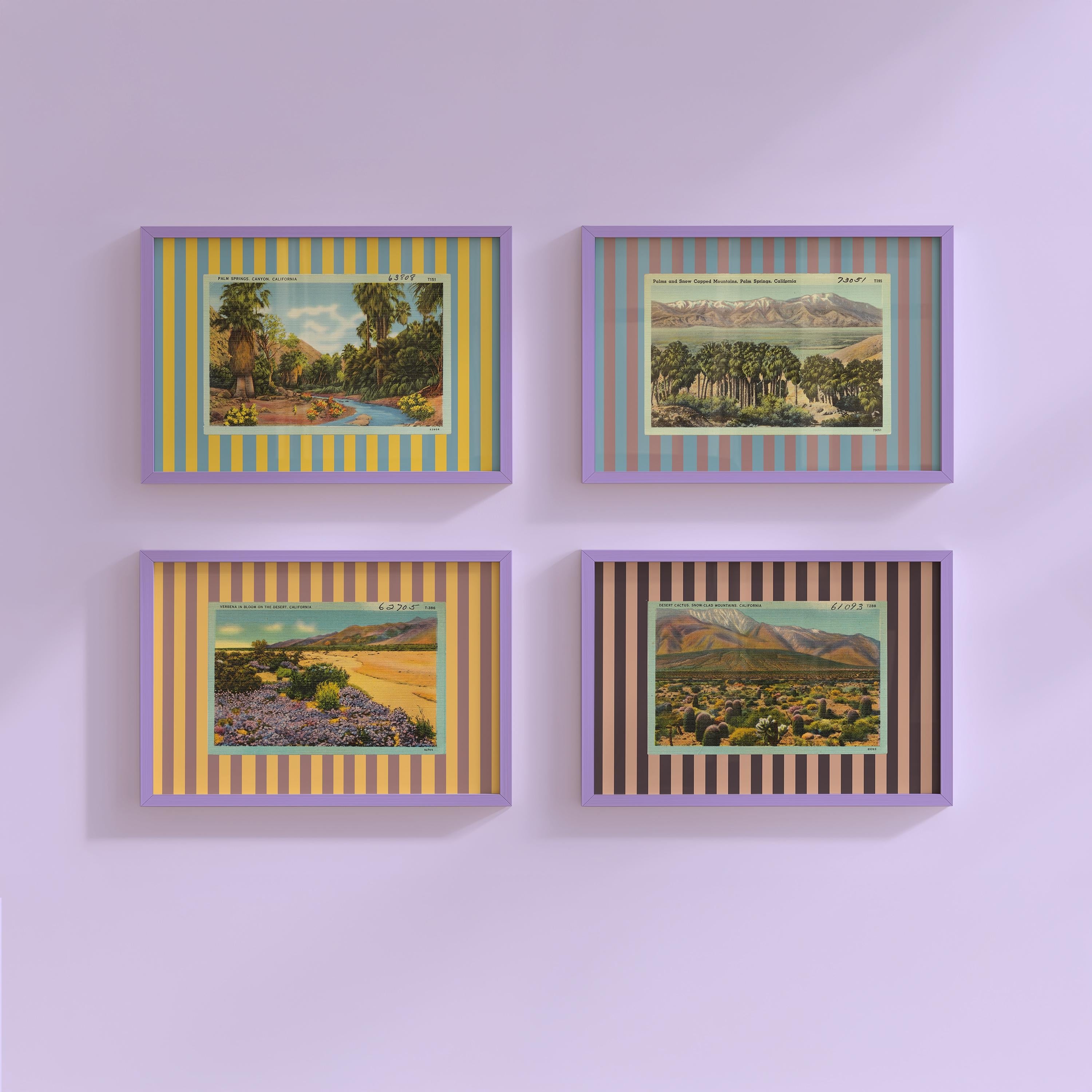Set of 4 digital art prints, Palm Springs Print, Retro California Art, Postcard Vintage, Striped Decor, Palm Desert Poster, Desert Art Print