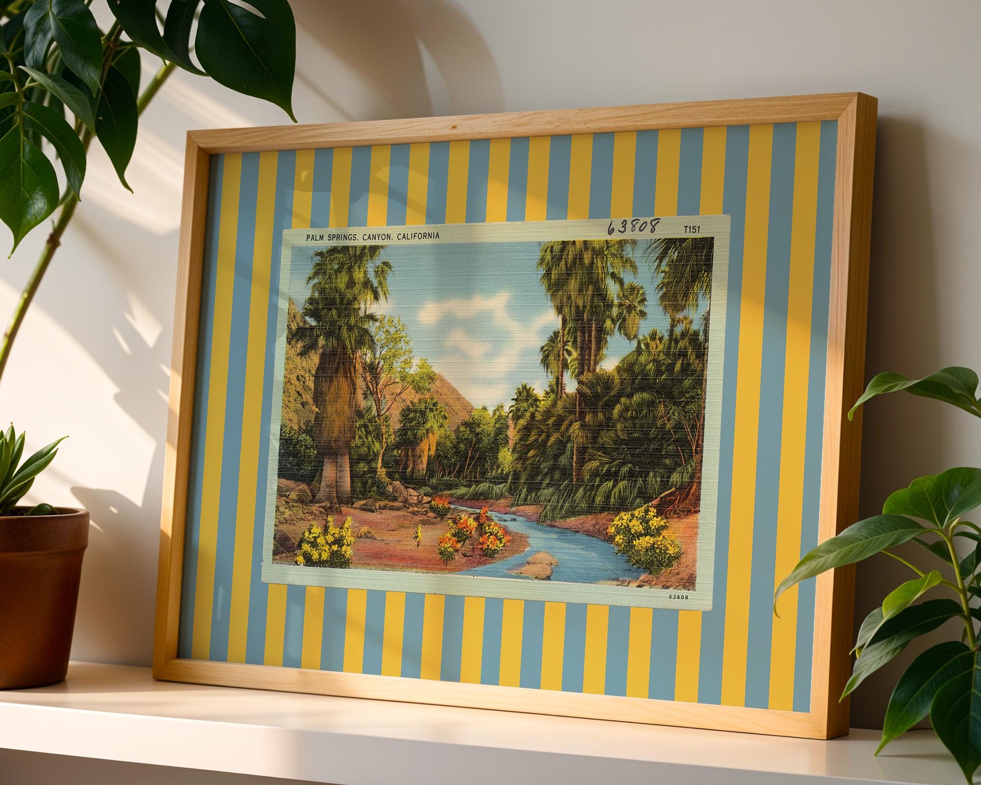 Vintage Palm Springs Postcard Digital Art Print, Eclectic Wall Decor, Colorful Striped Mixed Media Collage, Maximalist Aesthetic Home Decor