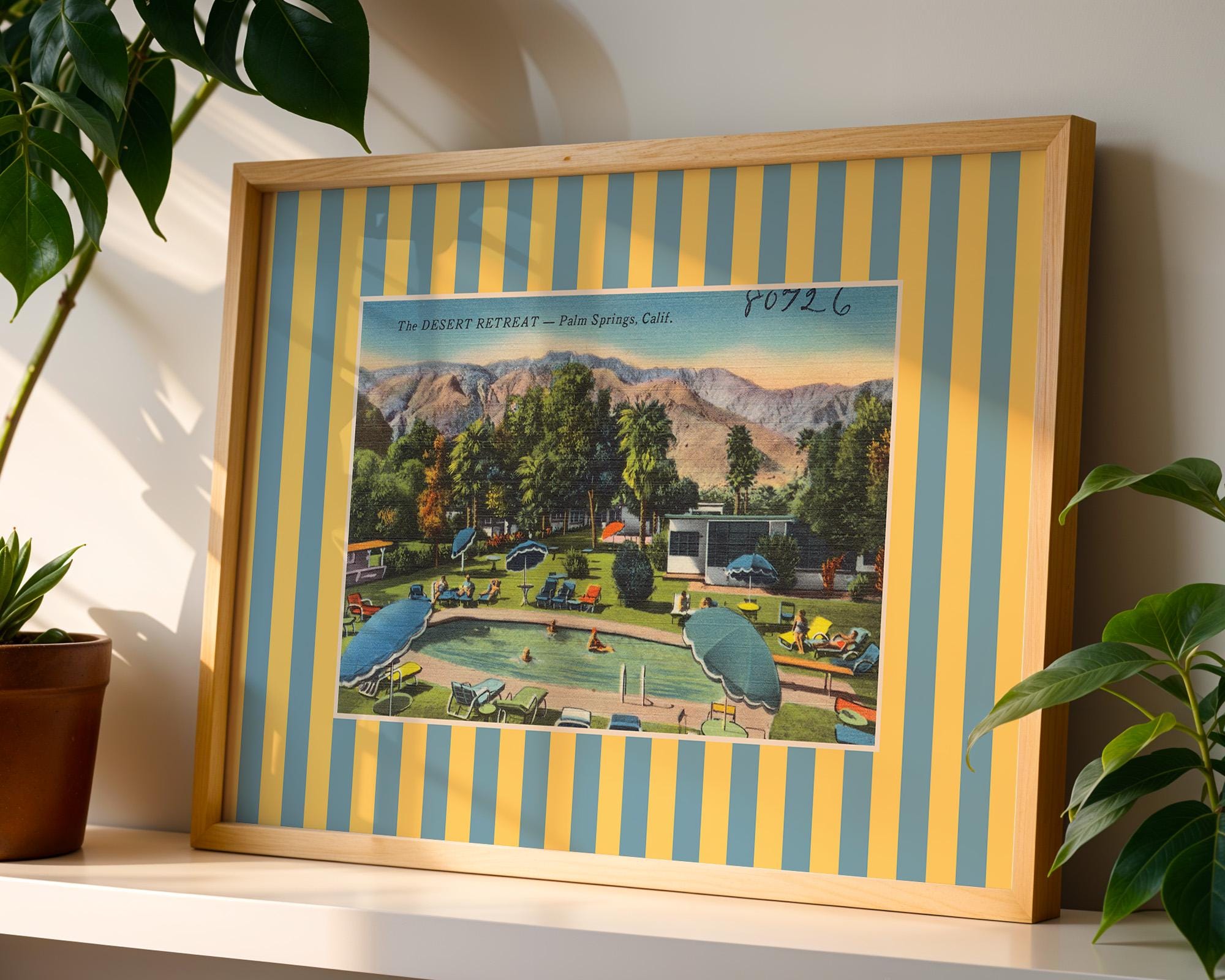 Vintage Palm Springs Postcard Digital Art Print, Eclectic Wall Decor, Colorful Striped Mixed Media Collage, Maximalist Aesthetic Home Decor