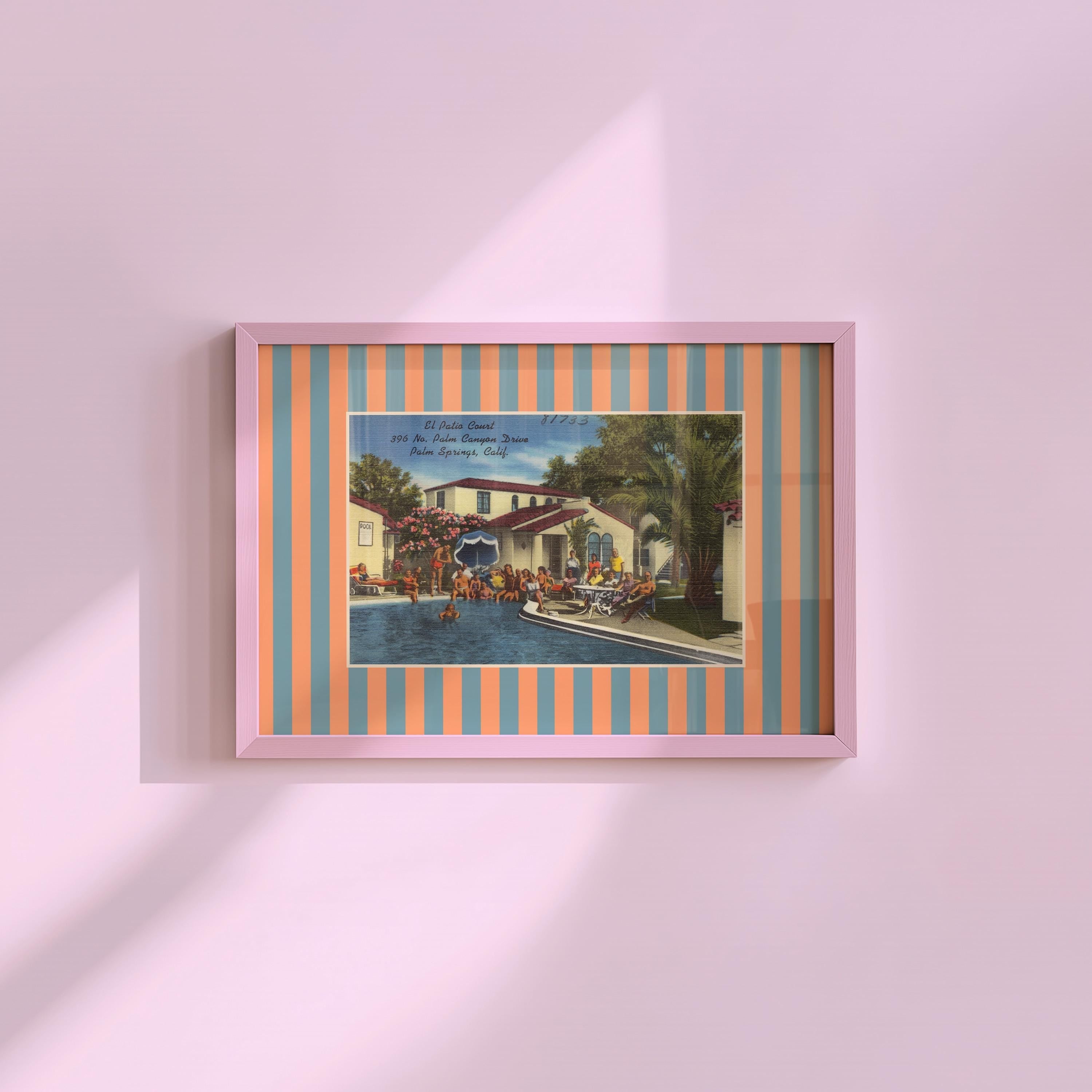 Vintage Palm Springs Postcard Digital Art Print, Pool Wall Decor, Colorful Summer Striped Art Print, Palm Springs Motel, Retro Desert Art