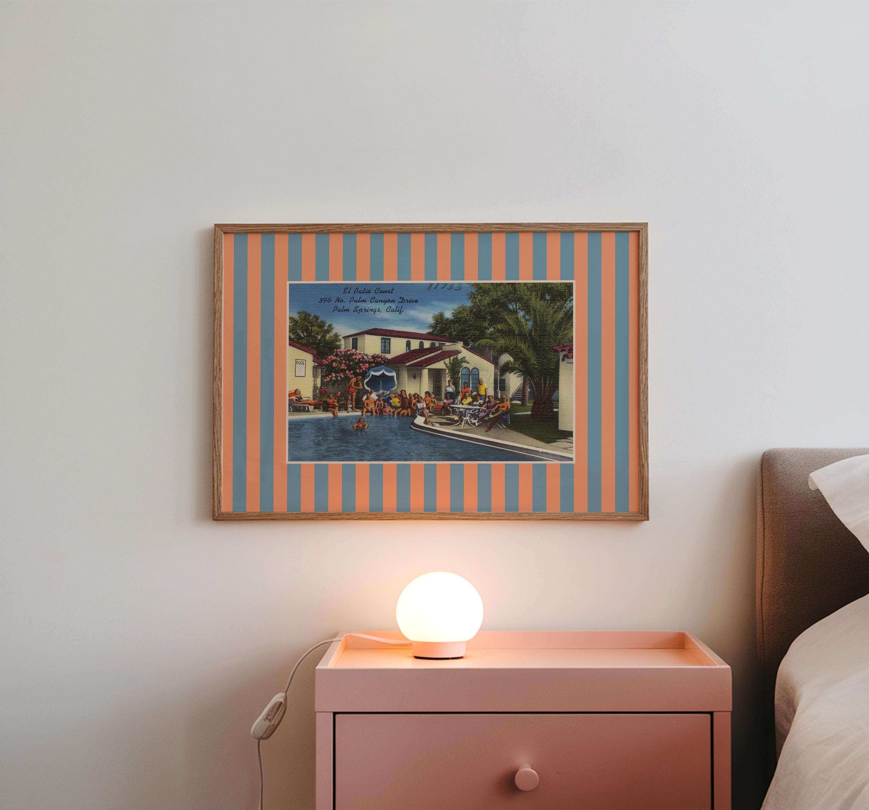 Vintage Palm Springs Postcard Digital Art Print, Pool Wall Decor, Colorful Summer Striped Art Print, Palm Springs Motel, Retro Desert Art