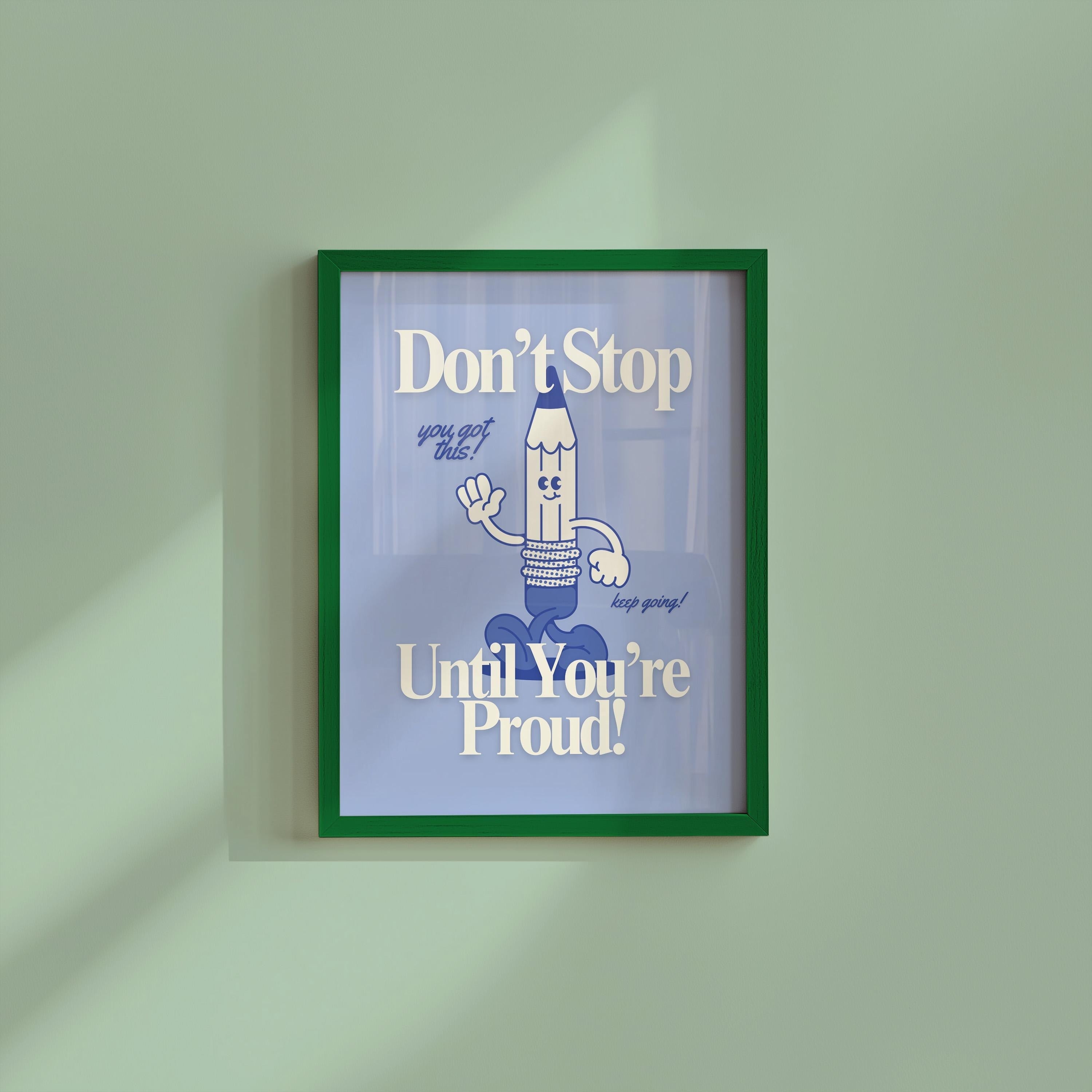 Keep Going Art, Classroom Art, Cute Retro Print, Pencil Cartoon, Retro Mascot Print, Funky Groovy Minimal Blue Classroom Retro Poster