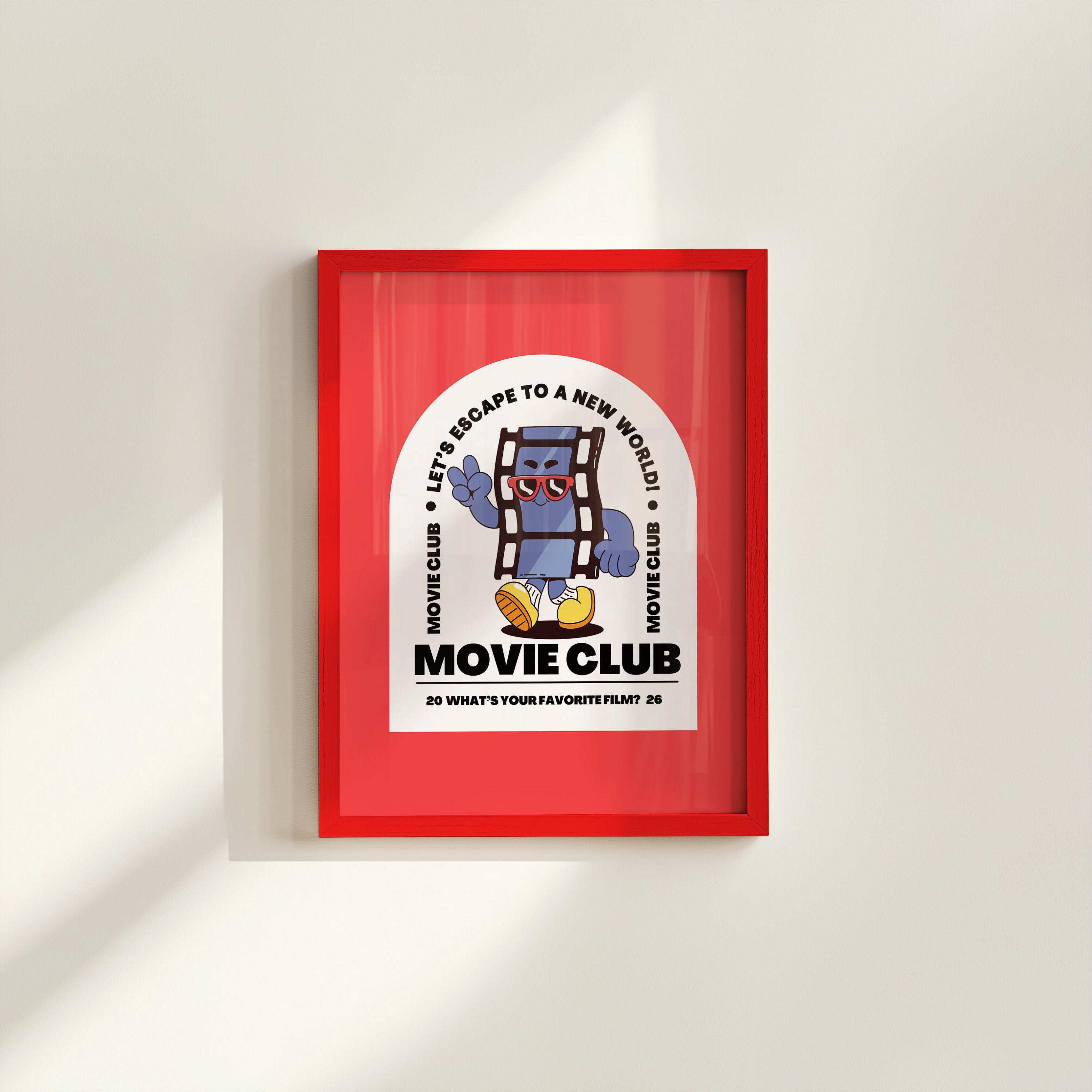 Movie Club Art Print, Cute Retro Print, Gift for Movie Lovers, Vintage Mascot Print, Movie Night Poster, Positive Art, Living Room Art