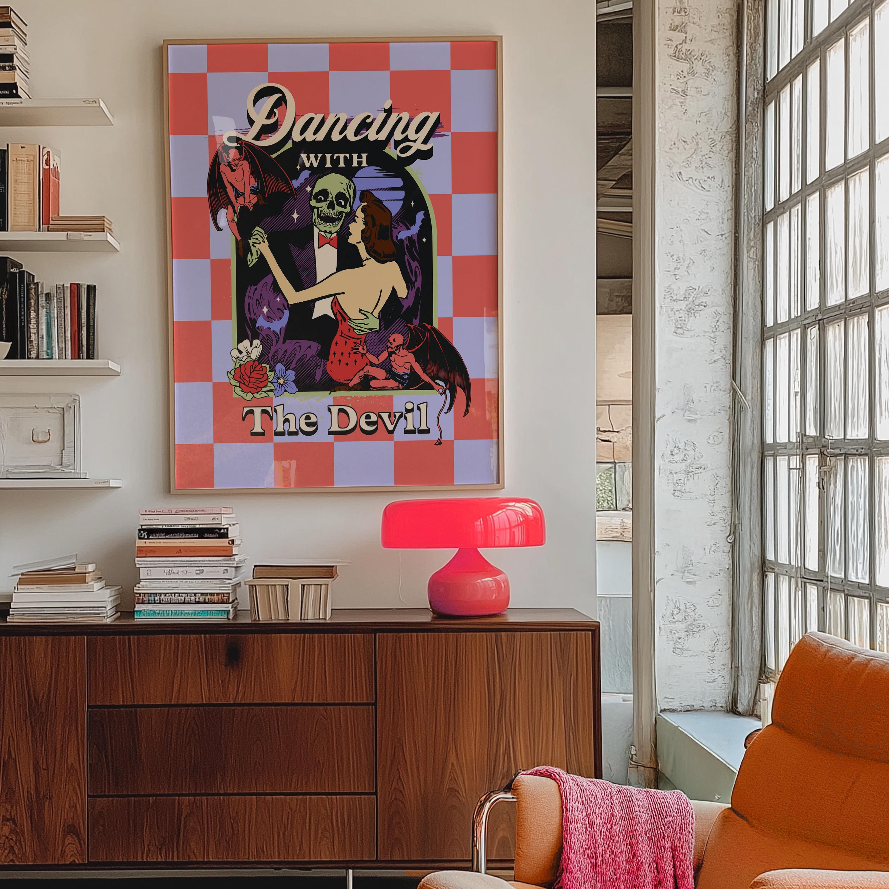 Dancing with the Devil Art, Digital Art, Pink Devil Art, Retro Wall Decor, Funny Wall Art, Vintage Cartoon Art, Y2K Girly Decor