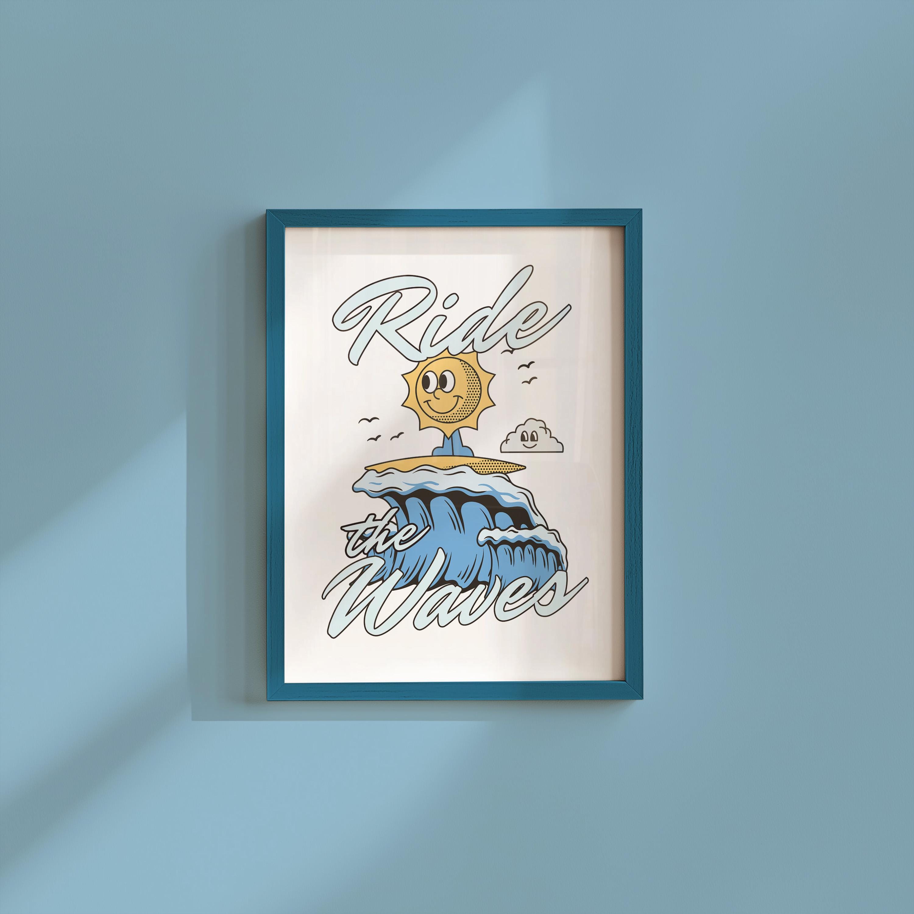 Classroom Art, Kids Room Art, Digital Print, Cartoon Art Print, Ride the Waves Art ,Vintage Mascot Art, Cute Positive Art, Surfing Decor