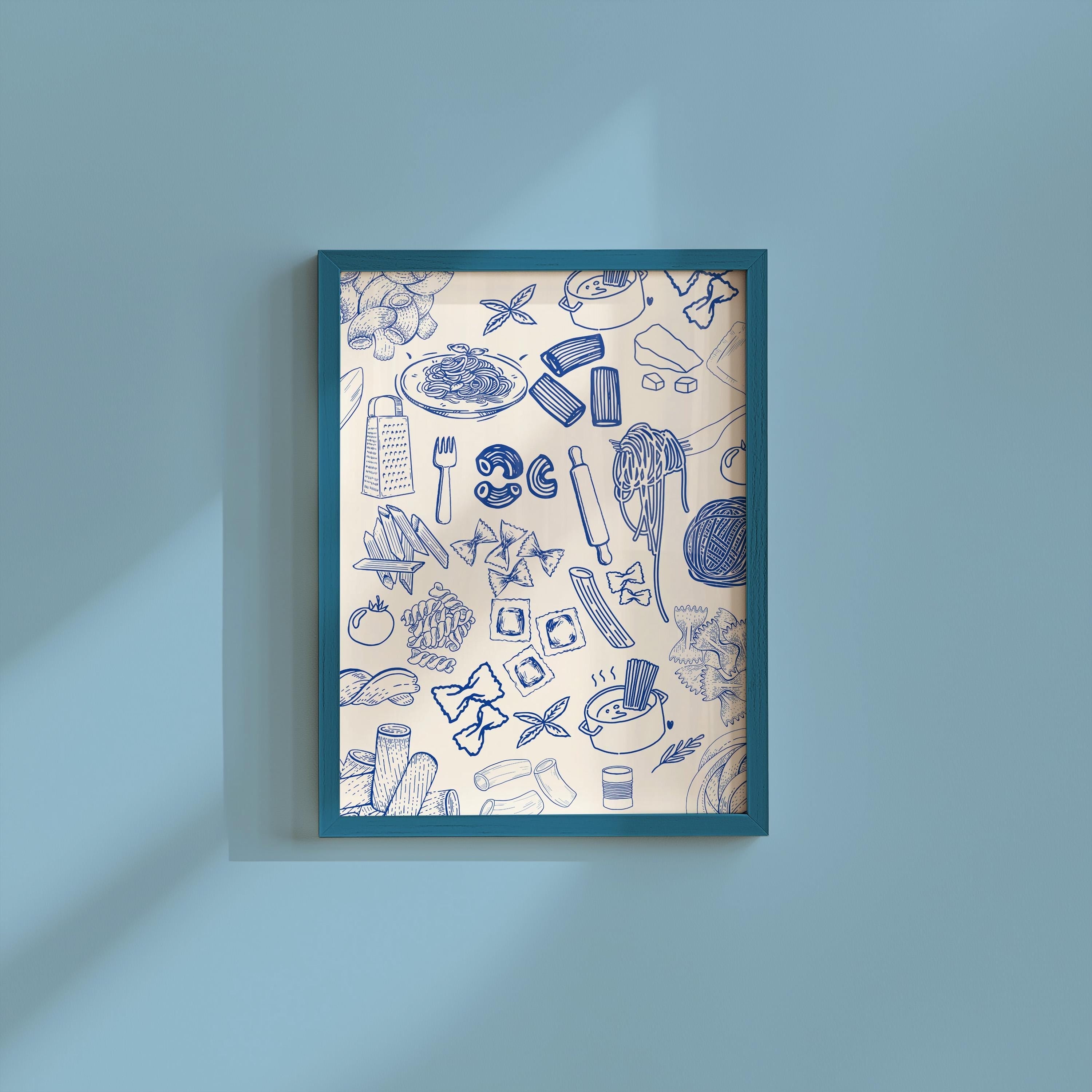 Pasta Art Print, Digital Download, Wall Art Print, Digital Food Art Print, Trendy Wall Art Print, Kitchen Wall Art Print, Blue Kitchen Decor