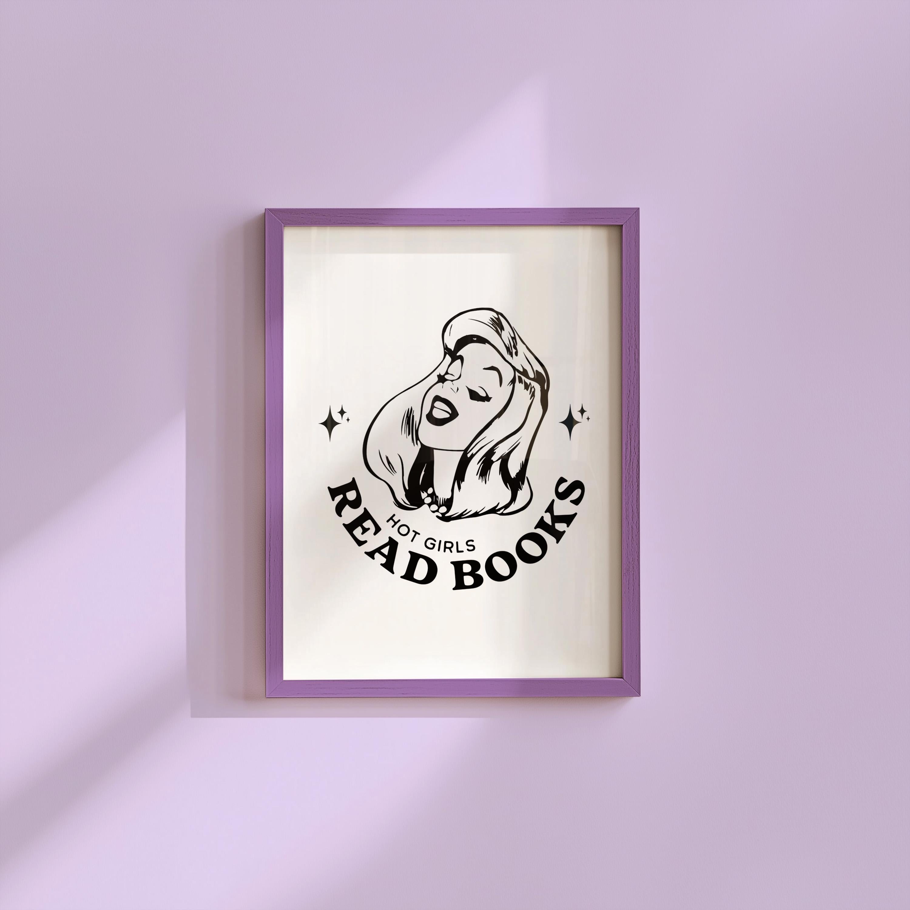 Hot Girls Read - Large Wall Art Download - Retro Cartoon Art - Funny Reading Print for Living Room Decor - White Wall Print