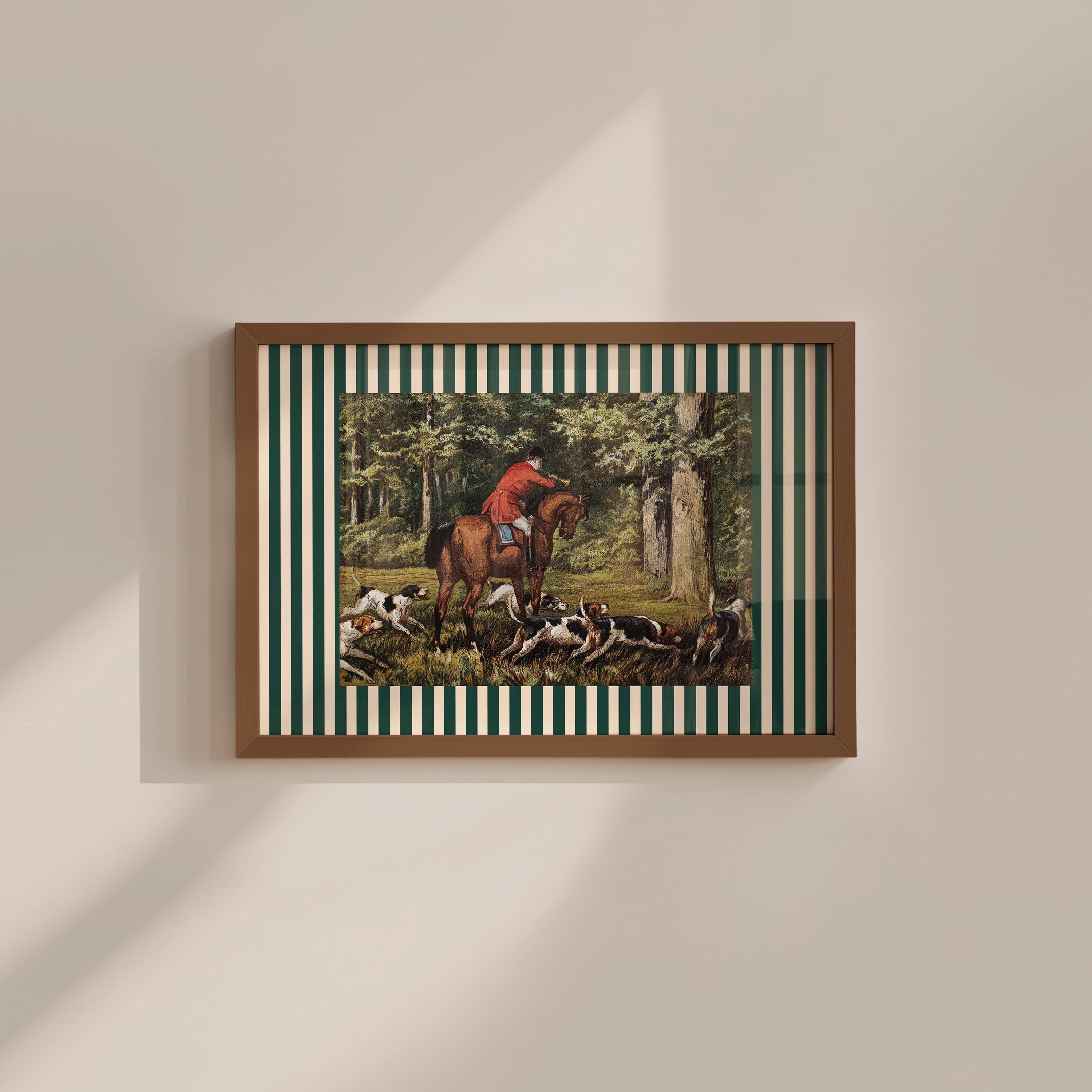Horse Fox Hunter Green Stripe Print Vintage Digital Art Print