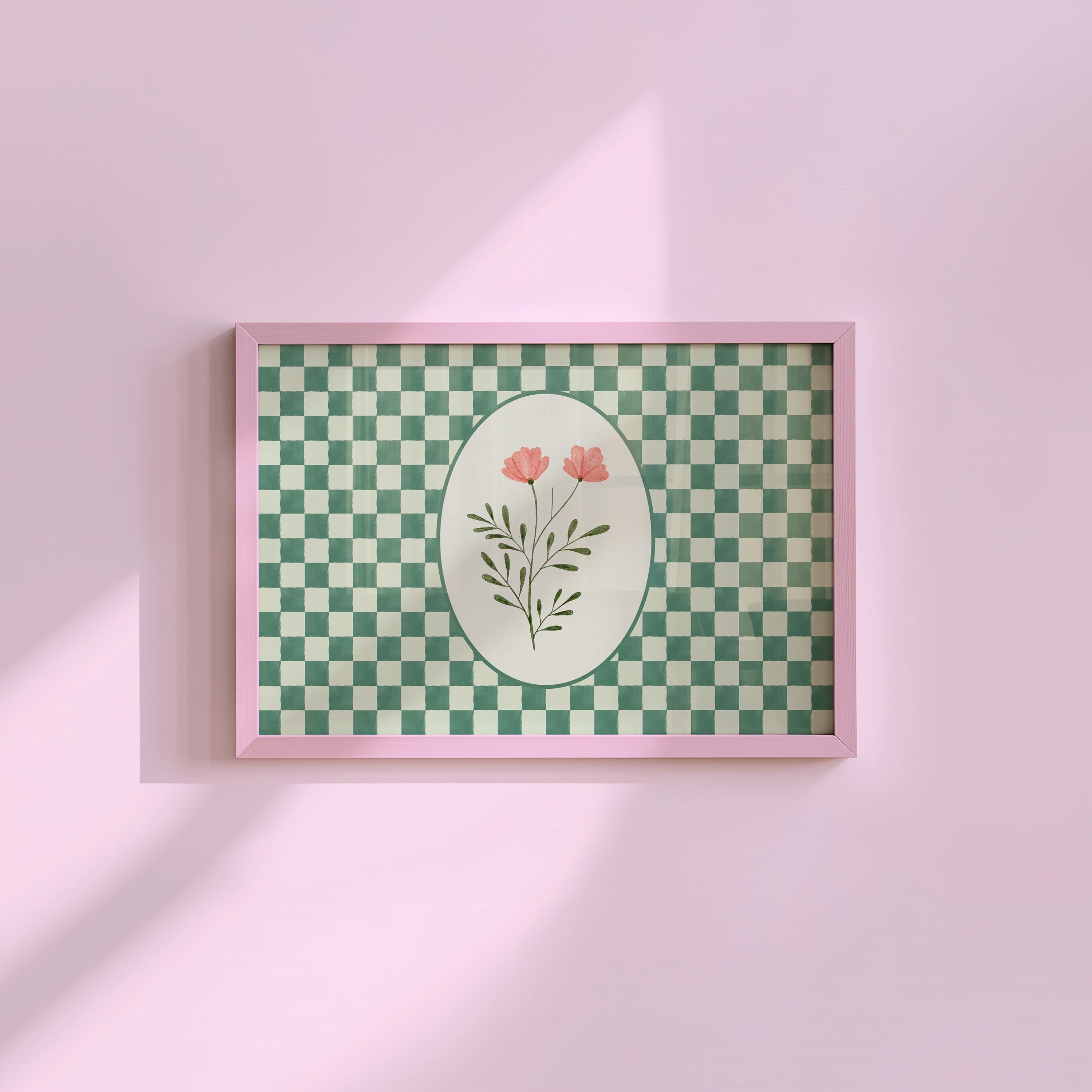 Green Checker Pink Flower Digital Art Print