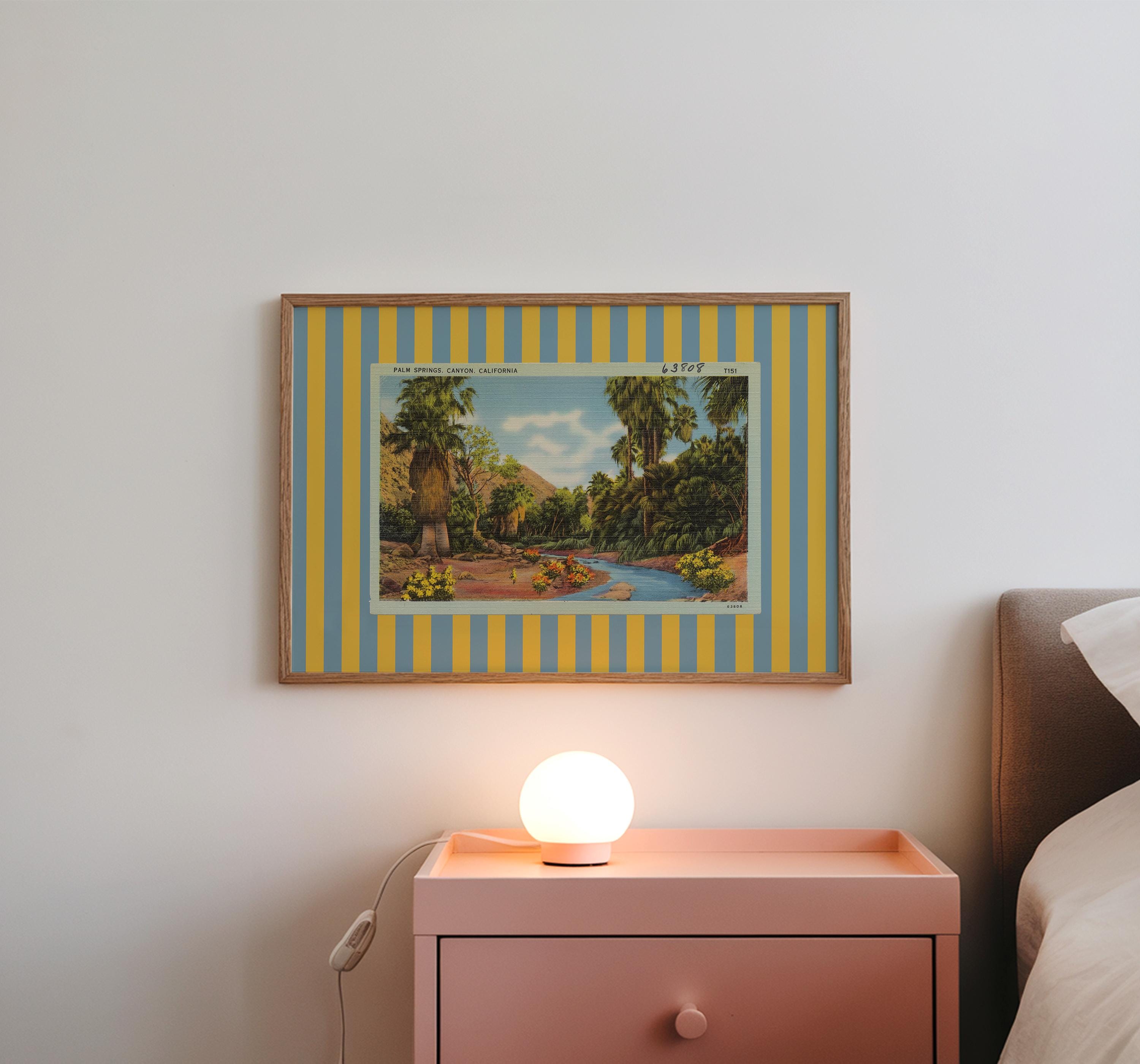 Vintage Palm Springs Postcard Digital Art Print, Eclectic Wall Decor, Colorful Striped Mixed Media Collage, Maximalist Aesthetic Home Decor