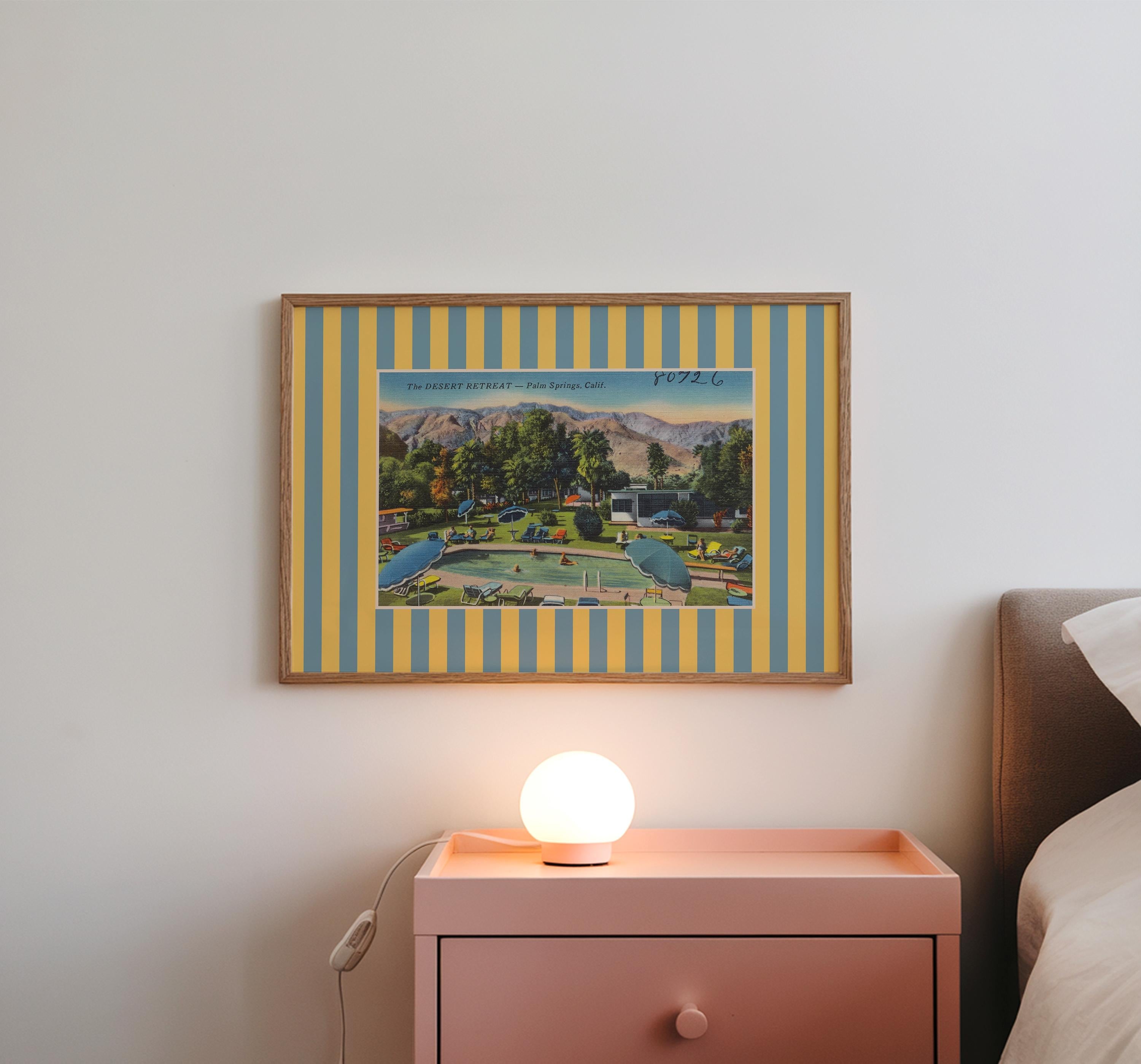 Vintage Palm Springs Postcard Digital Art Print, Eclectic Wall Decor, Colorful Striped Mixed Media Collage, Maximalist Aesthetic Home Decor