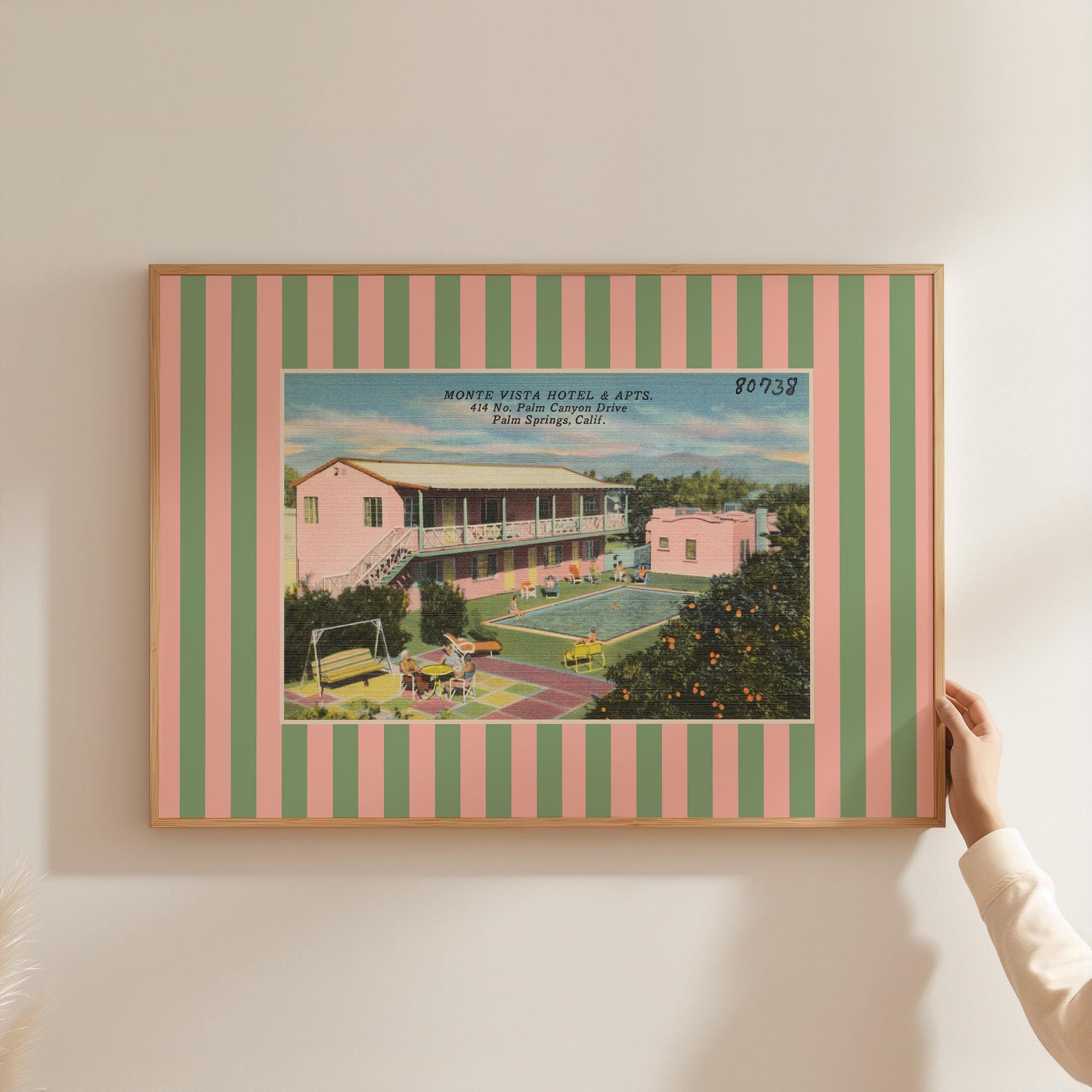 Vintage Palm Springs Postcard Digital Art Print, Eclectic Wall Decor, Colorful Striped Motel Art Print, Palm Springs Motel, Retro Desert Art