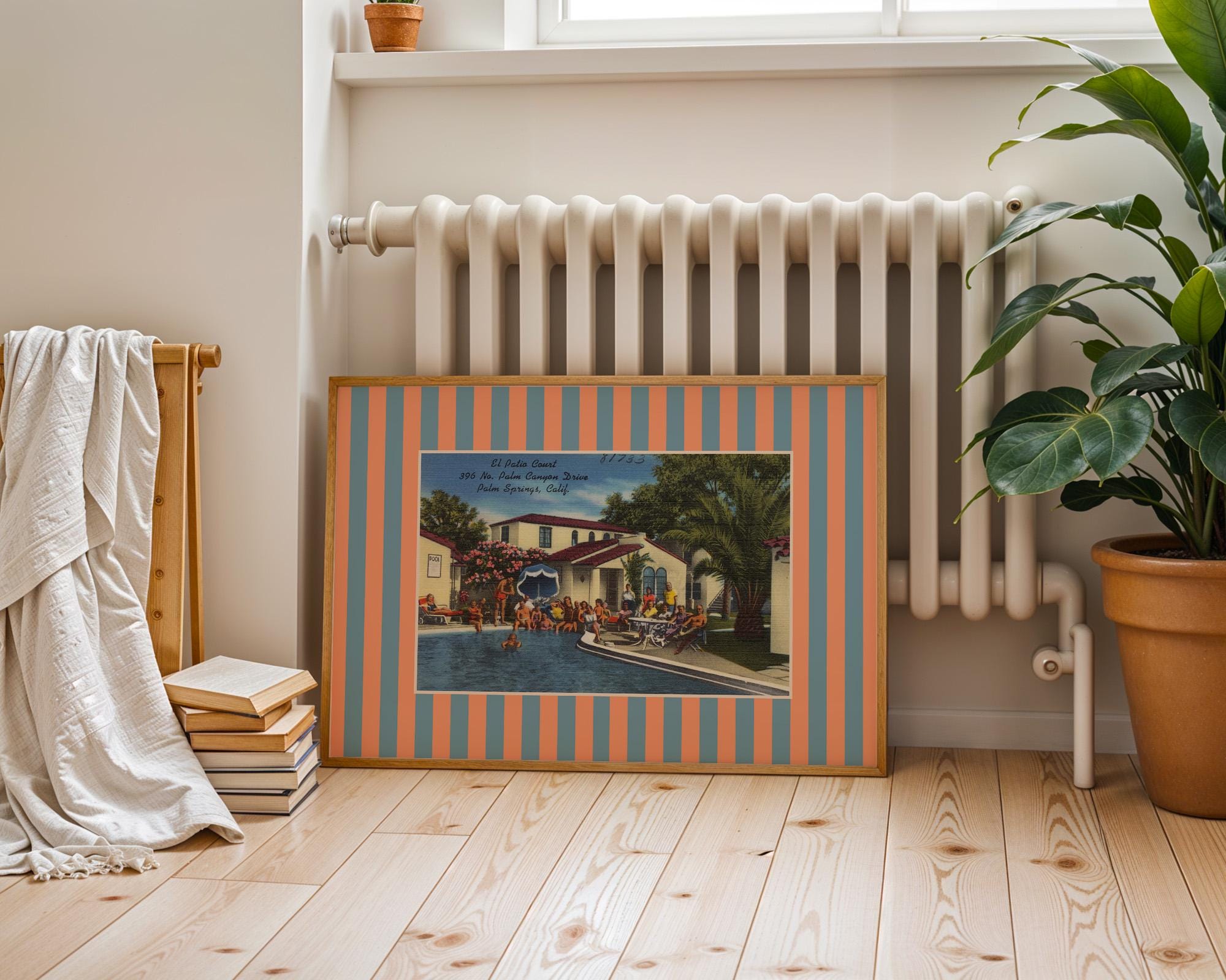 Vintage Palm Springs Postcard Digital Art Print, Pool Wall Decor, Colorful Summer Striped Art Print, Palm Springs Motel, Retro Desert Art