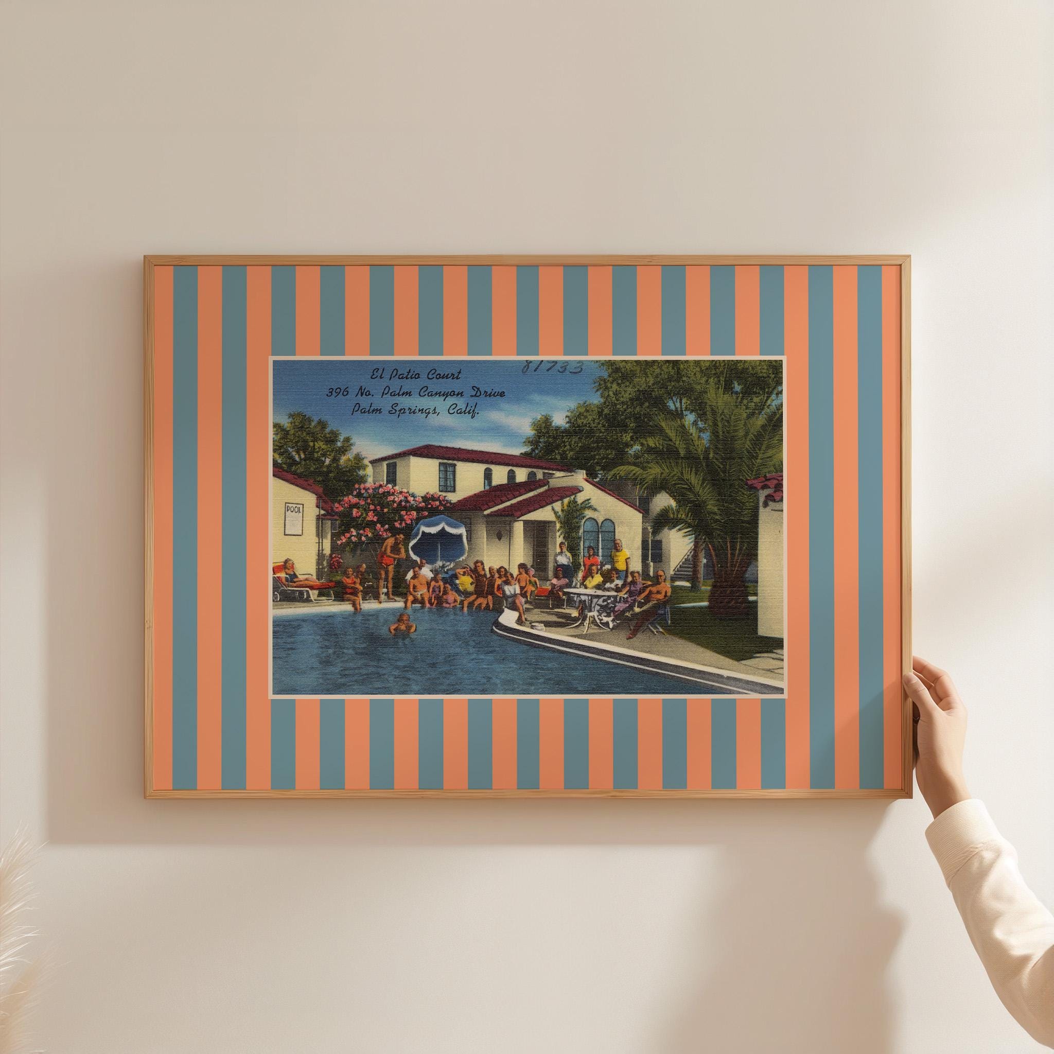 Vintage Palm Springs Postcard Digital Art Print, Pool Wall Decor, Colorful Summer Striped Art Print, Palm Springs Motel, Retro Desert Art