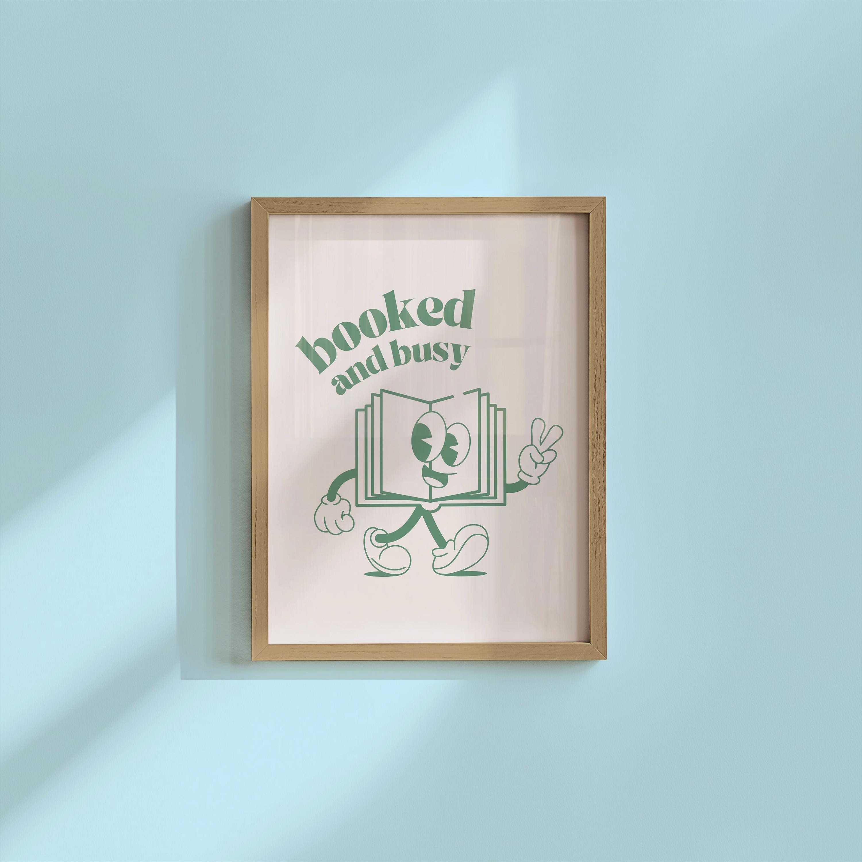 Booked and Busy Light Green Retro 70s Wall Print, Digital Download, Trendy Original Art, Downloadable Home Decor