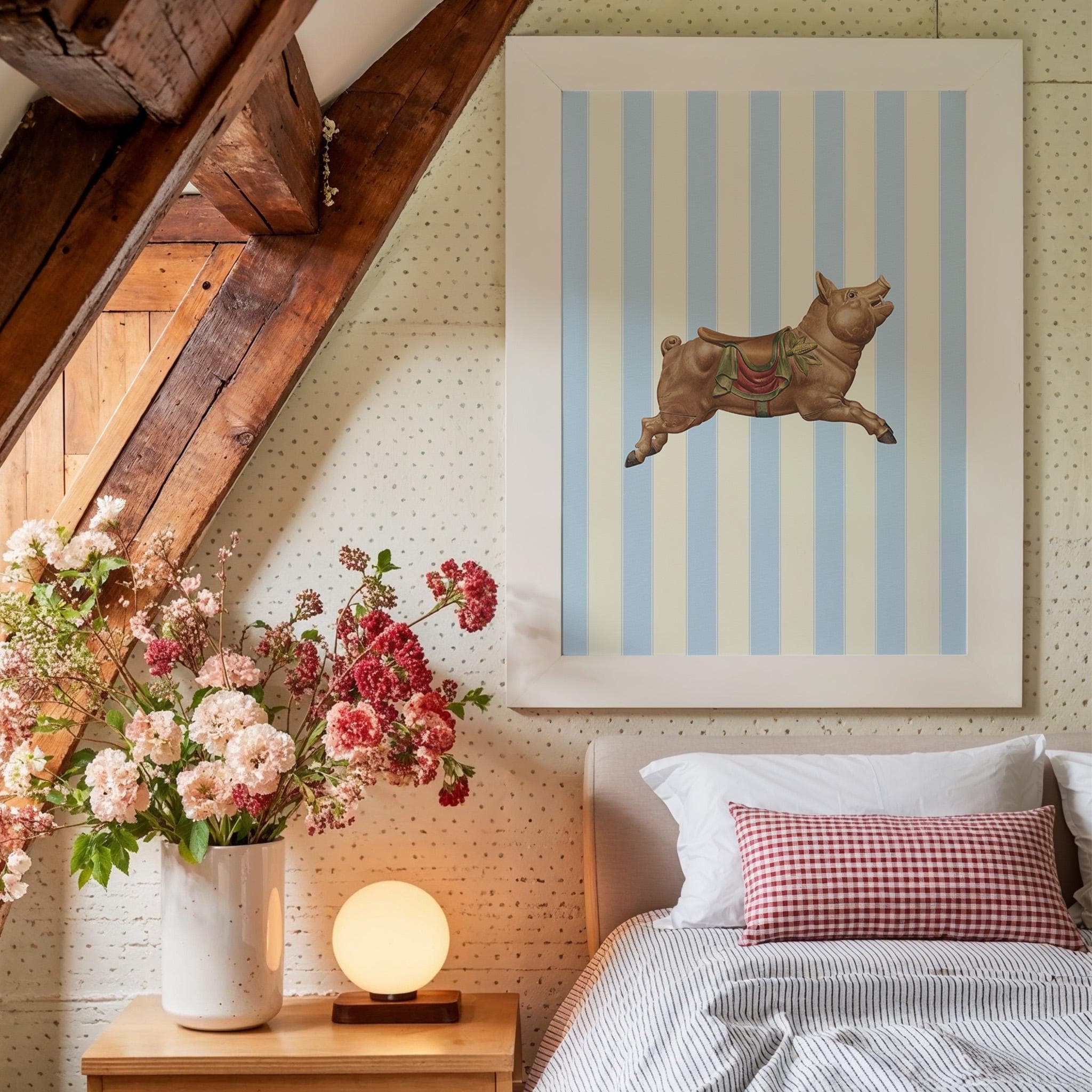 Vintage Carousel animal Print, Digital Wall Art, Trendy Decor, Living Room Art, Cottage, Nursery, Fun nursery art, pig art, carousel pig