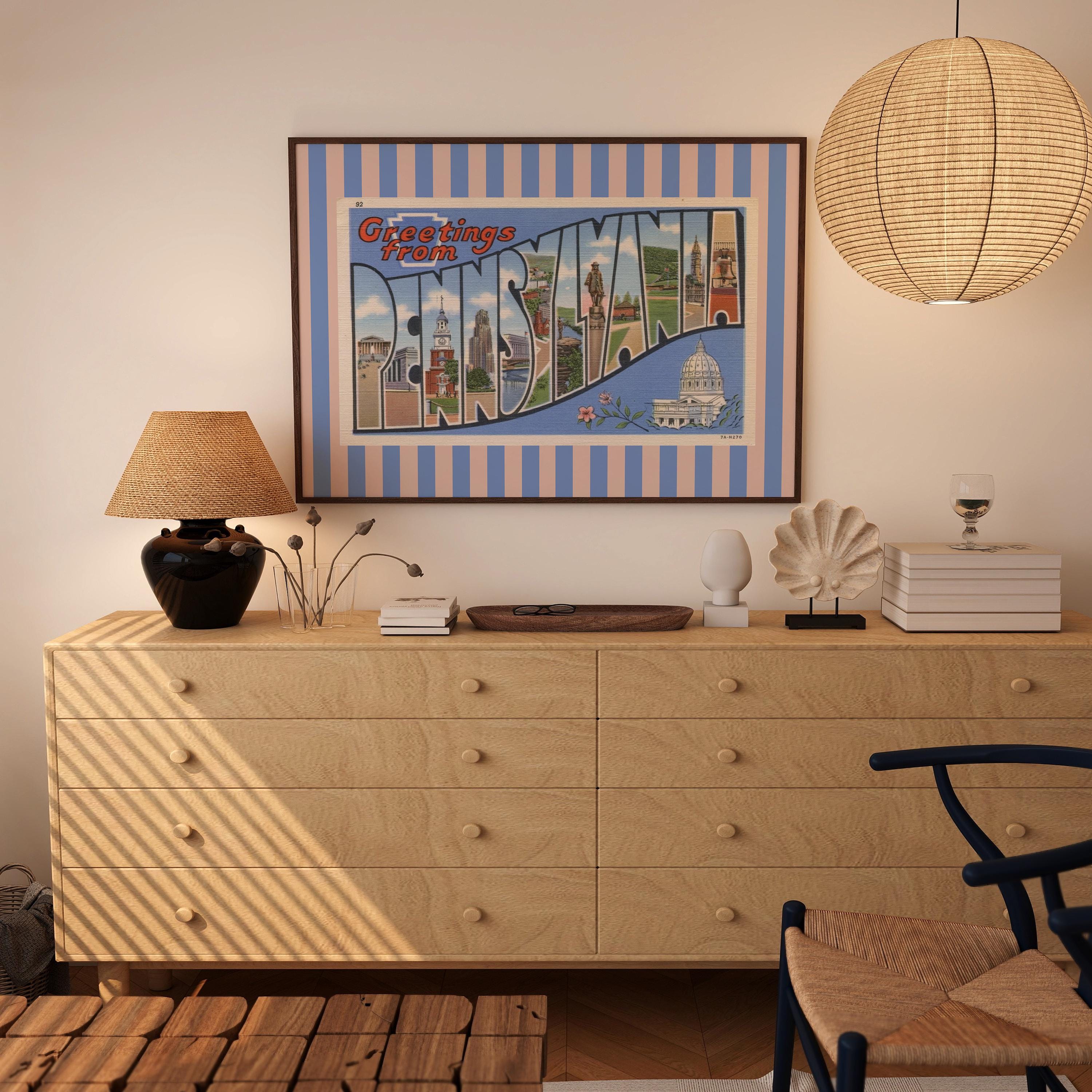 Pennsylvania Wall Art Print Digital Download Penn Poster Retro Travel Prints Pennsylvania Dorm Decor Horizontal Photo Striped Blue Art Print
