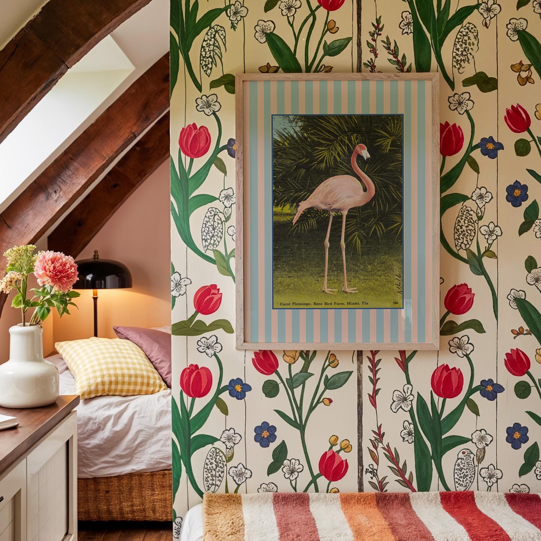 Flamingo Wall Art, Florida Travel Poster Print, Trendy Striped Poster, Printable Bedroom Decor, Flamingo Downloadable Print, Tropical art