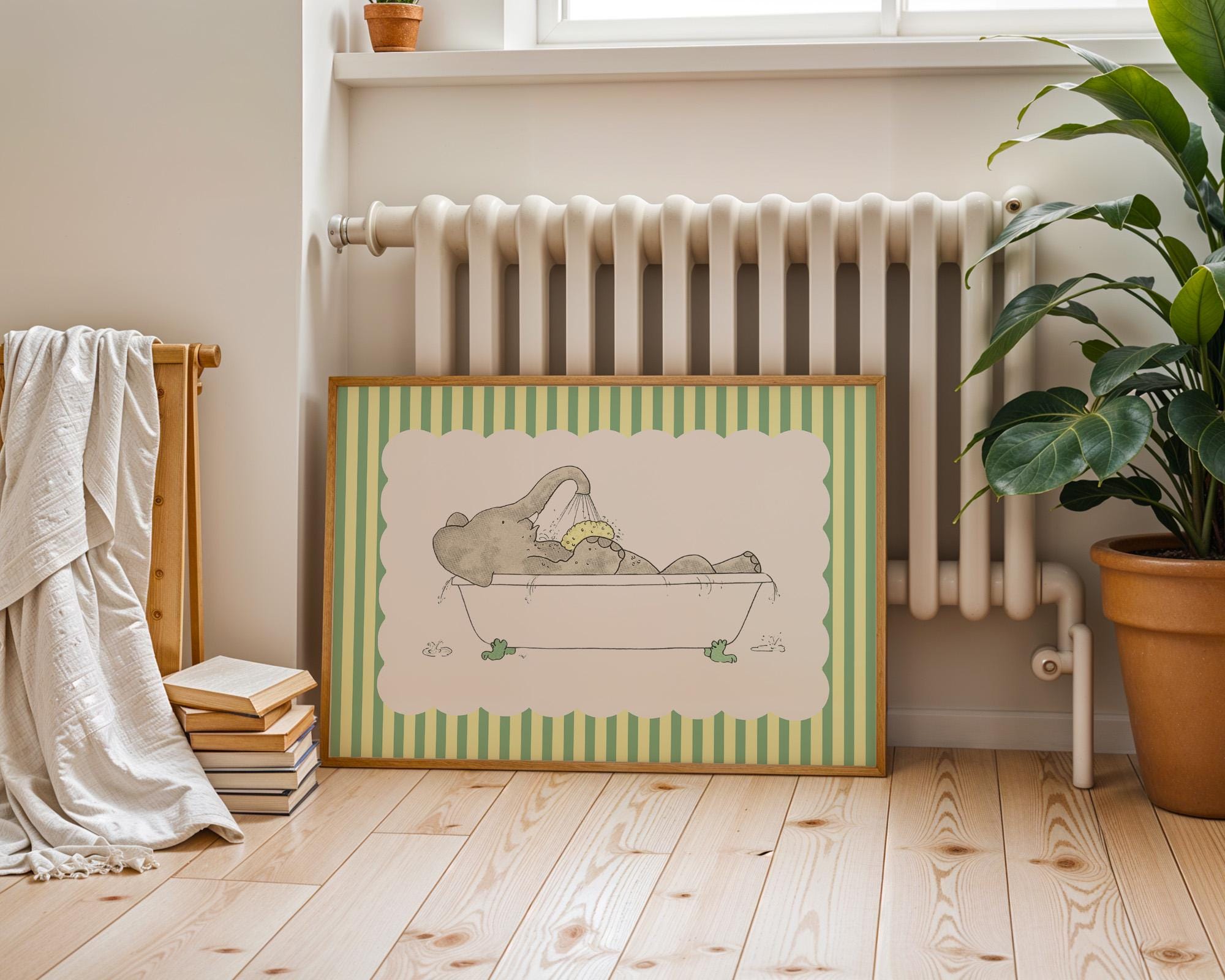 Vintage Babar Nursery Prints DIGITAL DOWNLOADS, Set of 4 striped prints, Kids Room Decor, Literary Elephant Wall Art, kids Room
