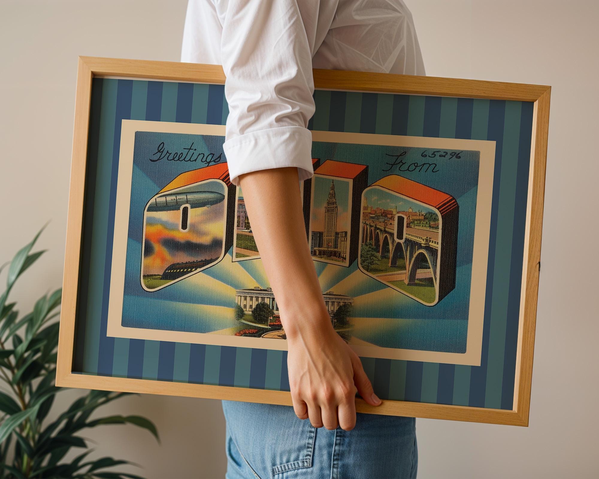 Ohio Wall Art Print Digital Download Ohio Poster Retro Travel Prints Ohio Dorm Decor Horizontal Ohio Photo Striped Blue Art Print