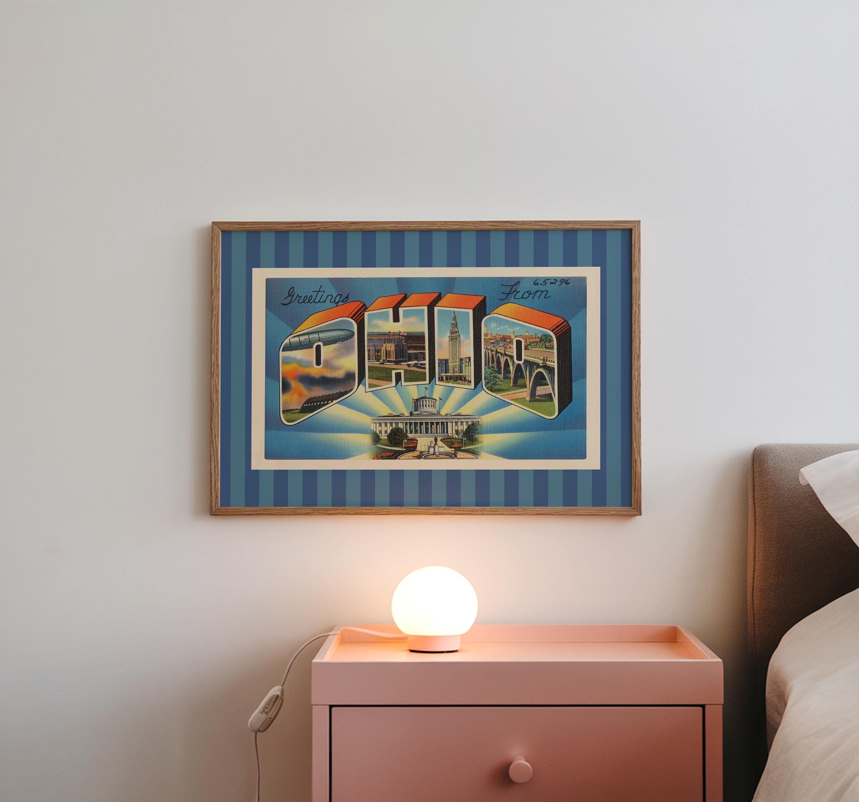 Ohio Wall Art Print Digital Download Ohio Poster Retro Travel Prints Ohio Dorm Decor Horizontal Ohio Photo Striped Blue Art Print